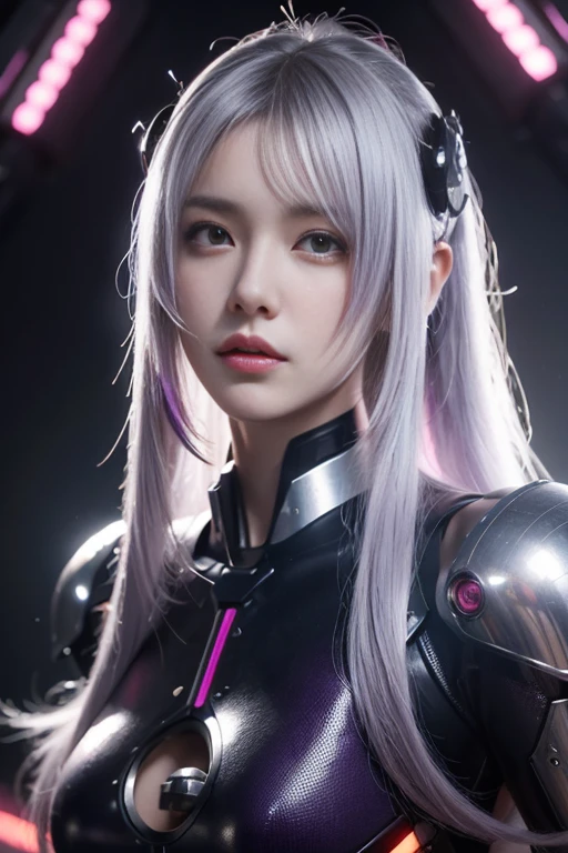 masterpiece, best quality, illustration, beautiful detailed eyes, colorful background, mechanical prosthesis, mecha coverage, emerging dark purple across with white hair, pig tails, disheveled hair, fluorescent purple, cool movement, rose red eyes, beatiful detailed cyberpunk city, multicolored hair, beautiful detailed glow, 1 girl, expressionless, cold expression, insanity, long bangs, long hair, lace, dynamic composition, motion, ultra - detailed, incredibly detailed, a lot of details, amazing fine details and brush strokes, smooth, hd semirealistic anime cg concept art digital painting, cyborg style,