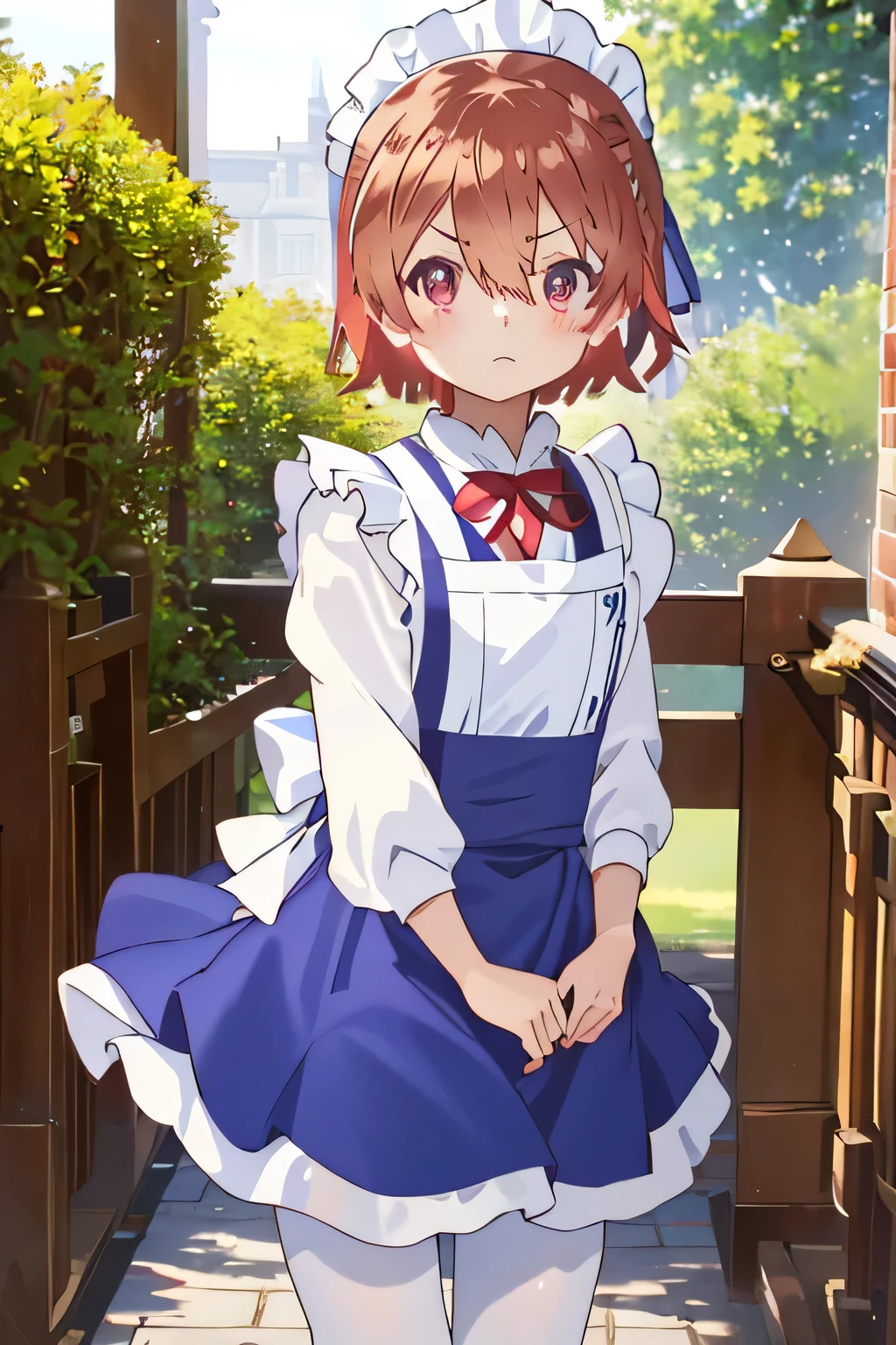 ((highest quality)), ((masterpiece)), figure, (detailed), One girl, Ram_Re:Zero, cute, Little, Sharp Eyes, :1.1, short hair, (Hair on one eye:1.3), Red eyes:1.2, roswaal Mansion maid uniform, apron, (White Pantyhose:1.2), View Viewer, Upper Body, anger, Irritation, Sick of it, Glare, Mansion, (High resolution:1.2),