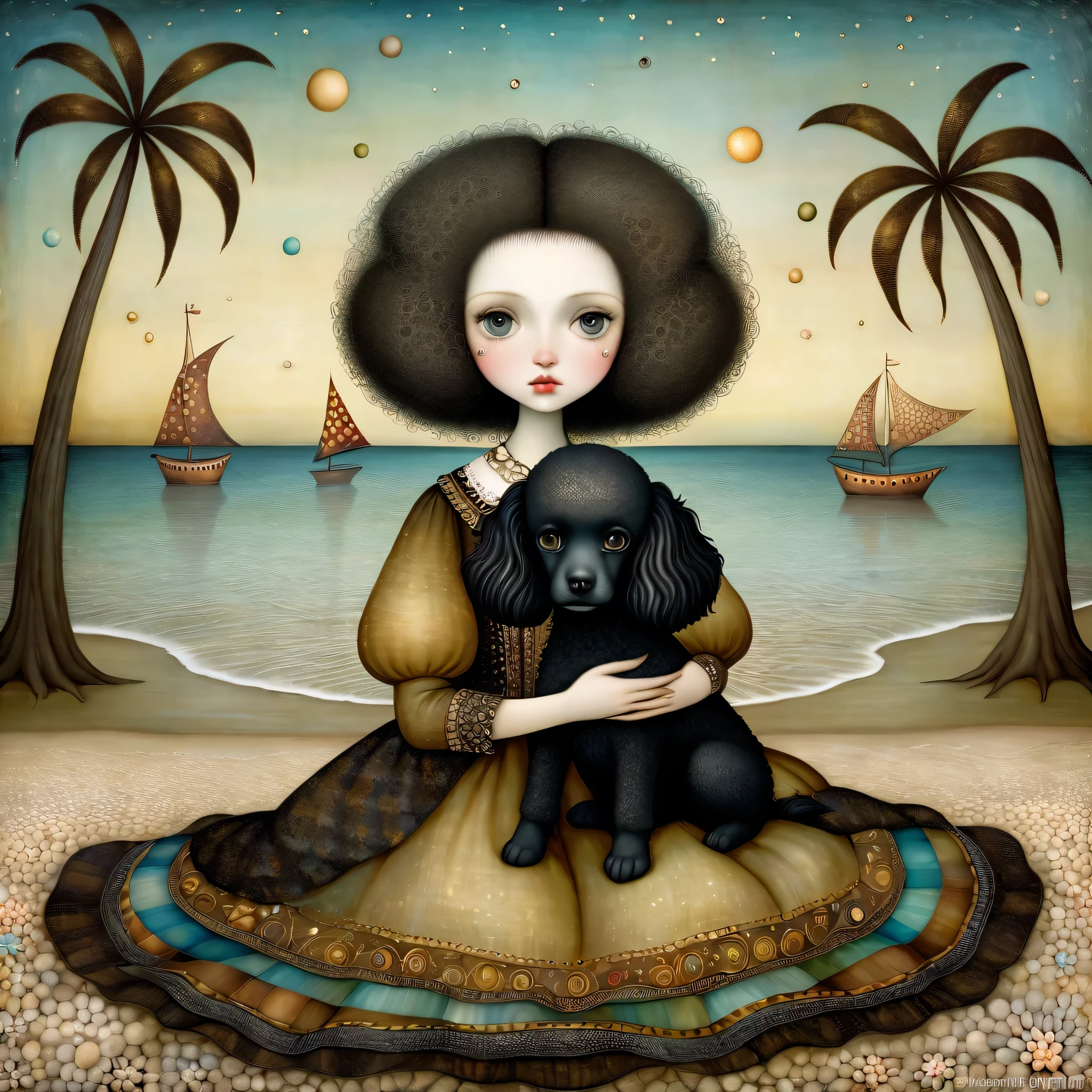 a young european woman sitting on the beach, holding a black dwarf poodle in her arms, patchwork style, by klimt, nicoletta ceccoli, naoto hattori, Lawrence Didier, leonora carrington, detailed beautiful eyes and face, extremely detailed, realistic, photorealistic, 8k, masterpiece, vivid colors, dramatic lighting, surreal, fantastical, whimsical, magical realism