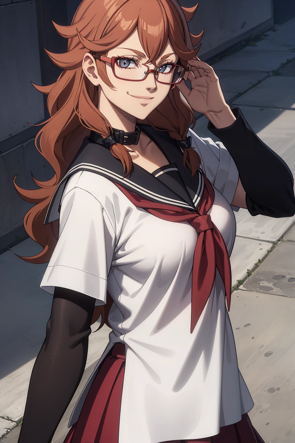 1girl, masterpice, high quality, best quality, good anime picture, misaki, ((school uniform)), ((serafuku)), glasses, twin braids, ((collar)), hair ornament, upper body, big breasts, dynamic light and shadows, smile, (adjusting eyewear:1.2), multicolor outfit, brown hair, nun, red uniform