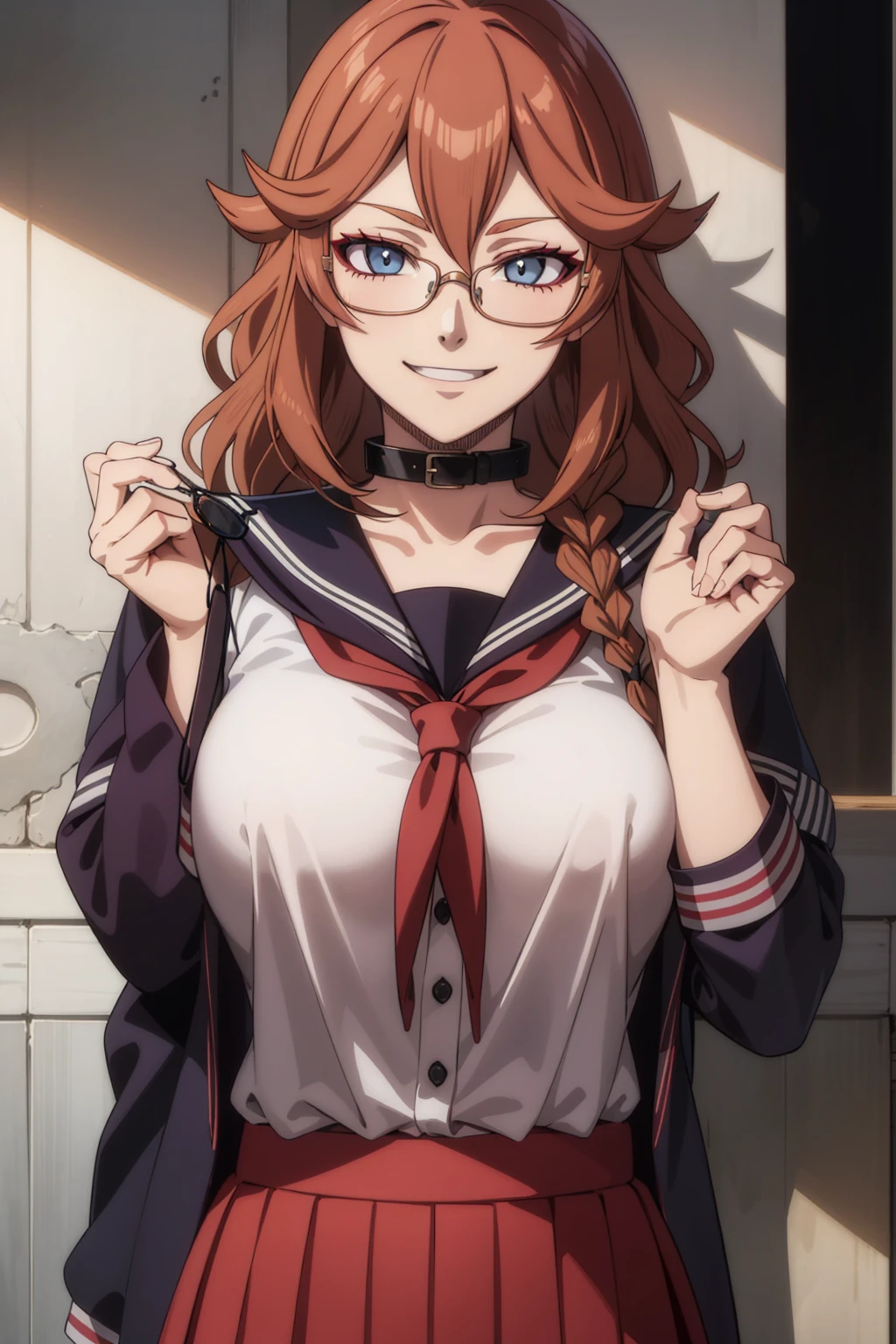 1girl, masterpice, high quality, best quality, good anime picture, misaki, ((school uniform)), ((serafuku)), glasses, twin braids, ((collar)), hair ornament, upper body, big breasts, dynamic light and shadows, smile, (adjusting eyewear:1.2), multicolor outfit, brown hair, nun, red uniform