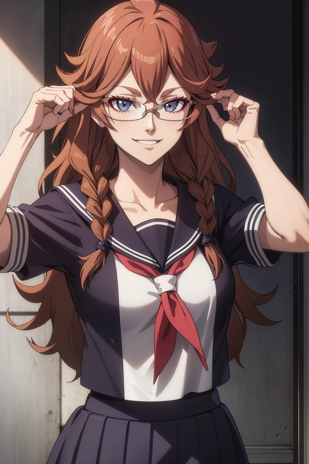 1girl, masterpice, high quality, best quality, good anime picture, misaki, ((school uniform)), ((serafuku)), glasses, twin braids, ((collar)), hair ornament, upper body, big breasts, dynamic light and shadows, smile, (adjusting eyewear:1.2), multicolor outfit, brown hair, nun, red uniform