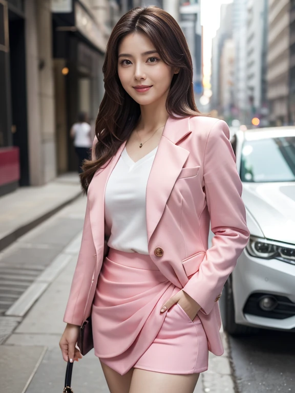(Full body) ,(Raw Photo), (Photorealsitic), (Masterpiece), (Best Quality), High Resolution, 8K, (Intricate Details), (Voluminous Light), Female, 25 Years Old, Medium Hair, Straight Hair, medium breasts, layered hair, brown hair, very fine eyes, source order, very fine eyebrows, very fine skin, very fine mouth, very fine nose, cute like an idol, happy smile, (thick lips), (looking at the viewer), (pink suit and tight skirt),in the city.