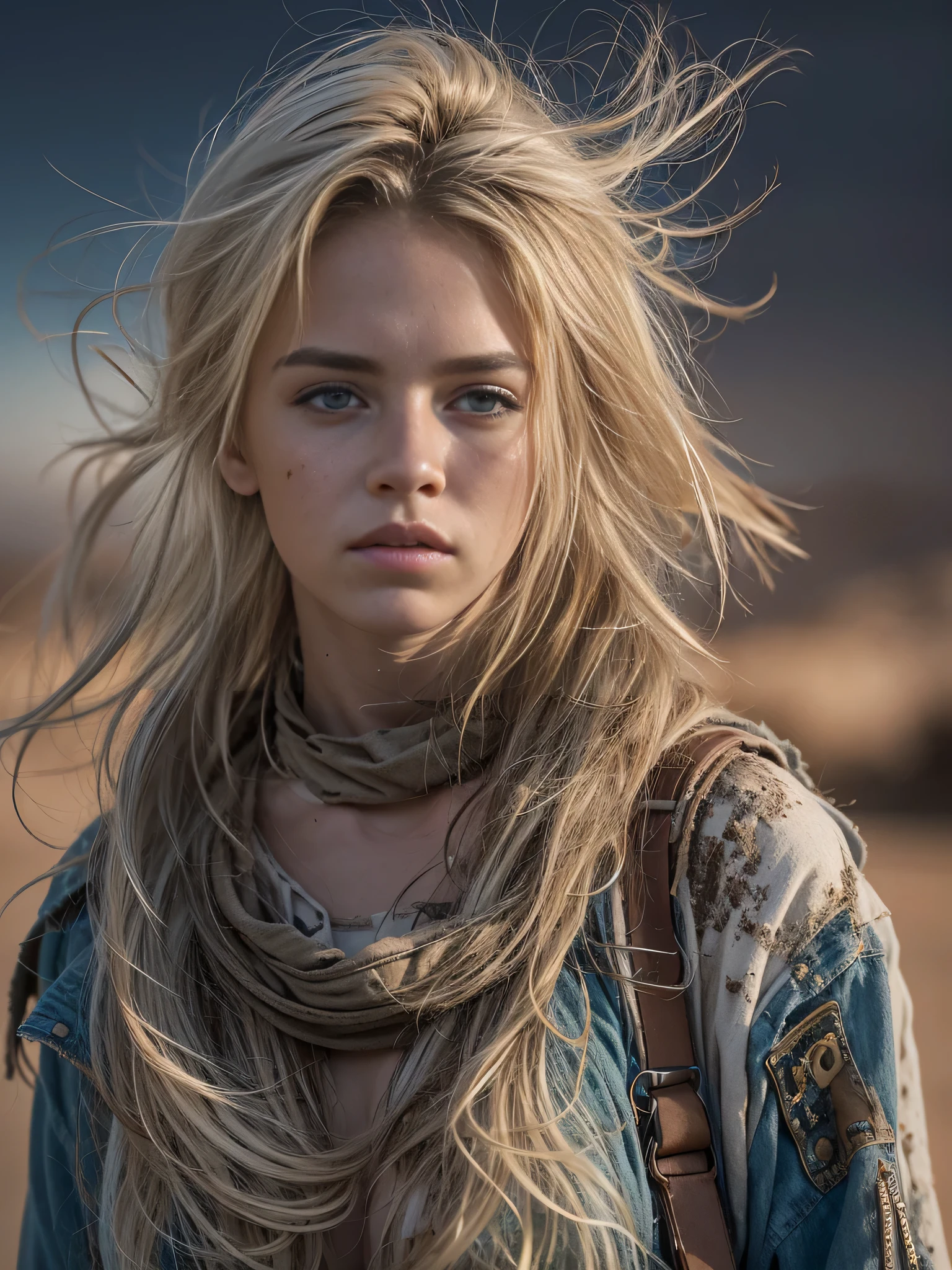 Masterpiece, Transitioning to a desert landscape at sunset, a lone figure, a beautiful 15 years old American teenage girl emerges wearing beautiful post apocalyptic nomadic clothes, white skin, blonde hair, blue-grey eyes, freckles on face, slim running body, very small breasts, very detailed face, ultra realistic face, very beautiful face, clean but tired face, post-apocalyptic clothing. Layers of tattered fabric, exposed bra and cleavage, unconventional accessories, and a weathered look create an aura of survival and resilience, 16K, ultra high res.photorealistic, UHD, RAW, DSLR