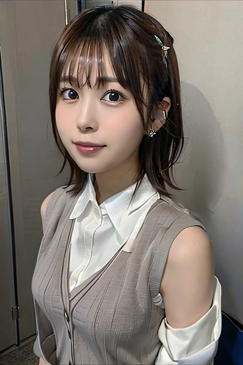 (uniform:1.4)、mikoto_misaka, 1 person, solo,
(Awareness-raising:1.1)、(Best image quality)、(masterpiece:1.1)、(Beautiful and vivid background:1.25)、(the Extremely detailed CG Unity 8K Wallpapers:1.1)、(colorful:0.9)、(Depth of written boundary:0.75)、(splashing ink:0.95)、(Splashes of color:0.85)、(Watercolor:0.65)、:d、Earrings、look up_in_Audience、outside of home、sunny day、detailed blue sky、((Grey hort sleeve white shirt)、Light Brown Sleeveless Cardigan、