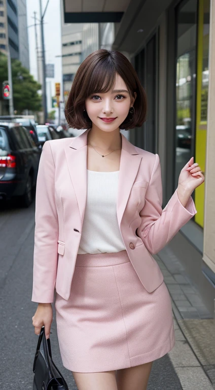 (((Yumikanok))),((Best quality, 8k, Masterpiece :1.3)), 1girl, smiling, full body, slim face, Pretty woman, (Dark brown, ((luxury pink suit)),((pink short tight skirt)), Ultra-detailed face, Detailed eyes, Double eyelid,  bokeh background, slim face, night city, neon light,outside, tokyo street,japan