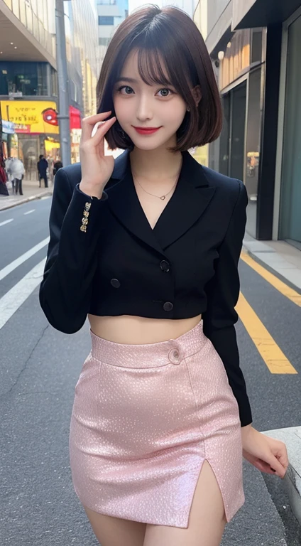 Full body ,masutepiece, Best Quality, Illustration, Ultra-detailed, finely detail, hight resolution, 8K Wallpaper, Perfect dynamic composition, Beautiful detailed eyes, Women's Fashion Summer,Shorthair,,Natural Color Lip, Bold sexy poses,Smile,Shinjuku、wear pink suit, tight skirt , 20 years girl、Cute、Sexy shot looking at camera