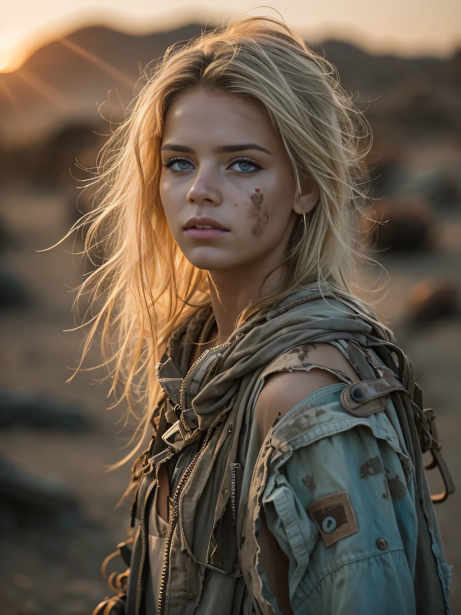 Masterpiece, Transitioning to a desert landscape at sunset, a lone figure, a beautiful 15 years old American teenage girl emerges wearing beautiful post apocalyptic nomadic clothes, white skin, blonde hair, blue-grey eyes, freckles on face, slim running body, very small breasts, very detailed face, ultra realistic face, very beautiful face, clean but tired face, post-apocalyptic clothing. Layers of tattered fabric, torn fabric, exposed breast, unconventional accessories, and a weathered look create an aura of survival and resilience, 16K, ultra high res.photorealistic, UHD, RAW, DSLR