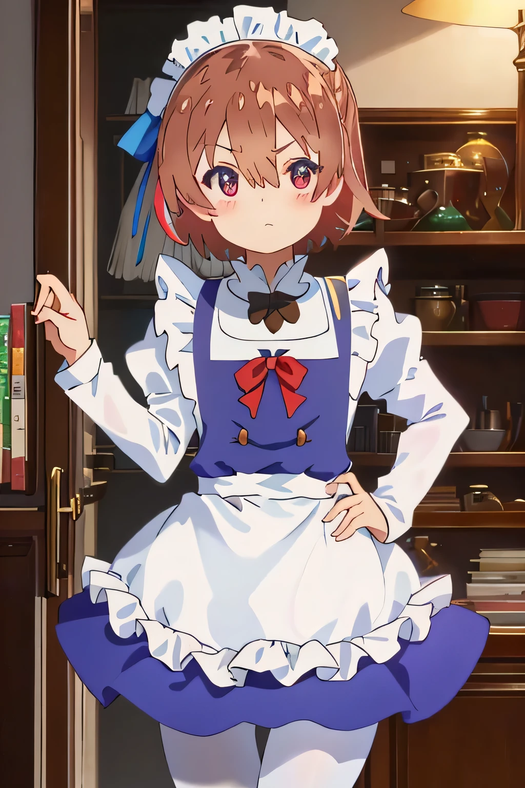 ((highest quality)), ((masterpiece)), figure, (detailed), One girl, Ram_Re:Zero, cute, Little, Sharp Eyes, :1.1, short hair, (Hair on one eye:1.3), Red eyes:1.2, roswaal Mansion maid uniform, apron, (White Pantyhose:1.2), View Viewer, Upper Body, anger, Irritation, Sick of it, Glare, Mansion, (High resolution:1.2),