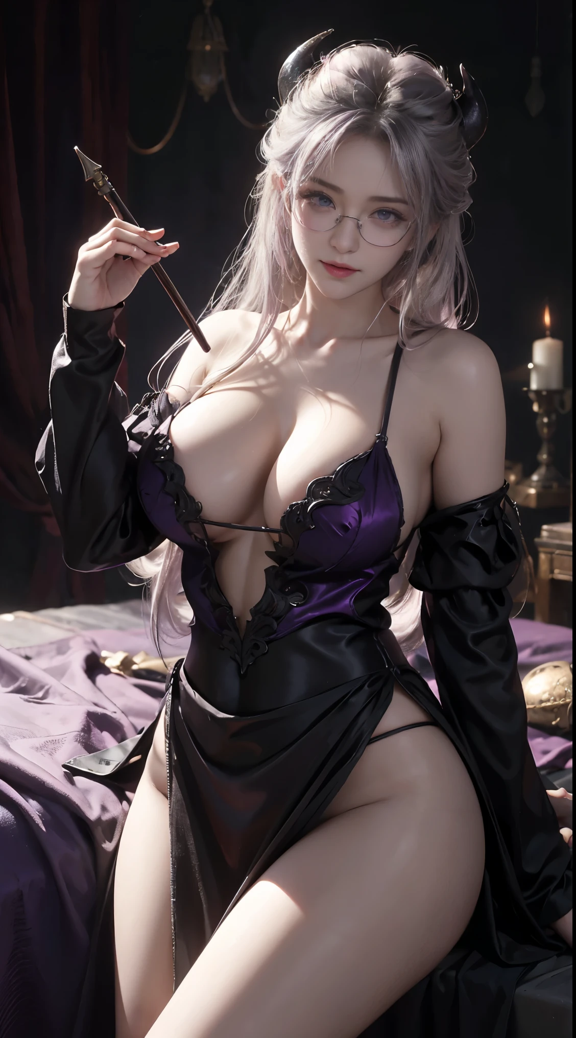 Dungeon and Dragon、caves、Dungeon、 A Necromancer、natta、Dark style、Succubus、Devil's Daughter、Bat Wings,(((Demon Hornlack-rimmed round glasses))))、(((Colossal tits)))、(Devil's Tail),(Woman lying on bed)1 girl, Silver hair, striated hair, Bangs, Blunt bangs, Long hair, Pink hair, aqua eyes, longeyelashes, Purple eyes, makeup, Smile, Parted lips, Realism, Verism, surrealism, depth of fields, One-person viewpoint, retinas, masutepiece, ccurate, Anatomically correct, Textured skin,(Coarse short sweater)Floats off the shoulders、off shoulderlack tight skirt((Full Body Angle))、stick out buttocks)、(shapely breasts,)、((pose)))、(camel's toe), tongue、Vaginal orchids、Runny Vaginal Discharge、Blowing tide、Very beautiful breasts、Grasp your breasts with both hands、sexual excitement、 Expressions、shinny skin。realisitic、(Kpop Idol)、Medium Hair、(Pink blush)、(illuminating)、(solo)、dynamicposes、((erectile nipple))、(Puffy eyes:1.2)、 (Slim legs)、erotick