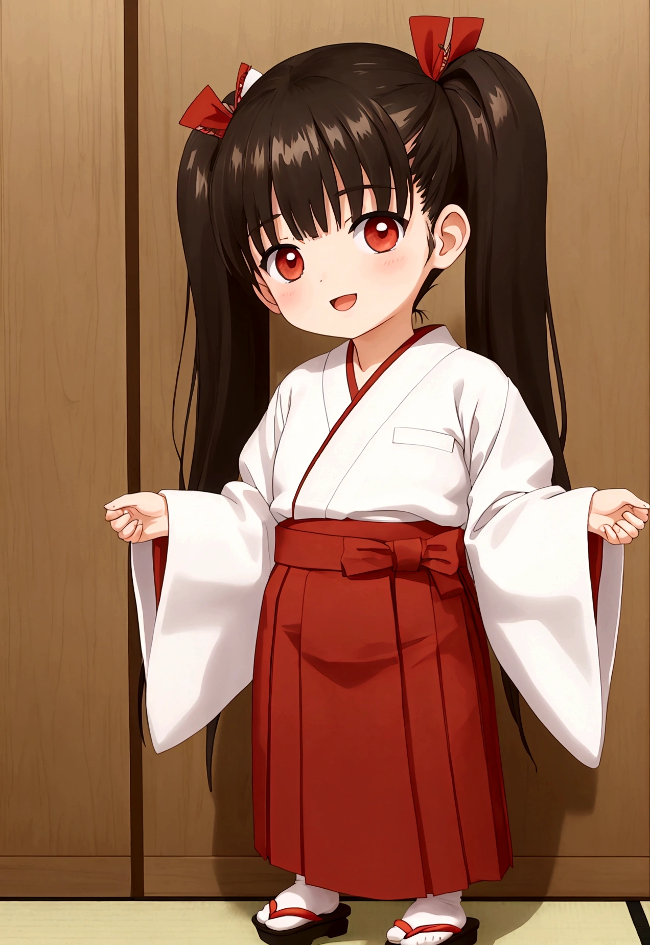 masterpiece, best quality, 1girl, solo, looking_at_viewer, blush, smile, open_mouth, skirt, simple_background, brown_hair, black_hair, red_eyes, long_sleeves, white_background, twintails, standing, full_body, japanese_clothes, wide_sleeves, kimono, hakama, hakama_skirt, white_kimono, miko, geta, tabi, red_hakama,
