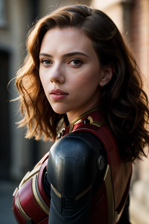 (close-up of the beautiful Scarlett Johansson on a 19th century street wearing an Iron Man costume, full length photo), (serious:0.5), (Very detailed face:1.4), ass POV, Nikon D850, photo from the film, 4 portrait codes 400, camera f1.6 lenses, rich colors, Hyperrealistic, realistic texture, dramatic lighting, film studio 800, 19th century Victorian style., evening, Vintage lighting, Medium curly hair