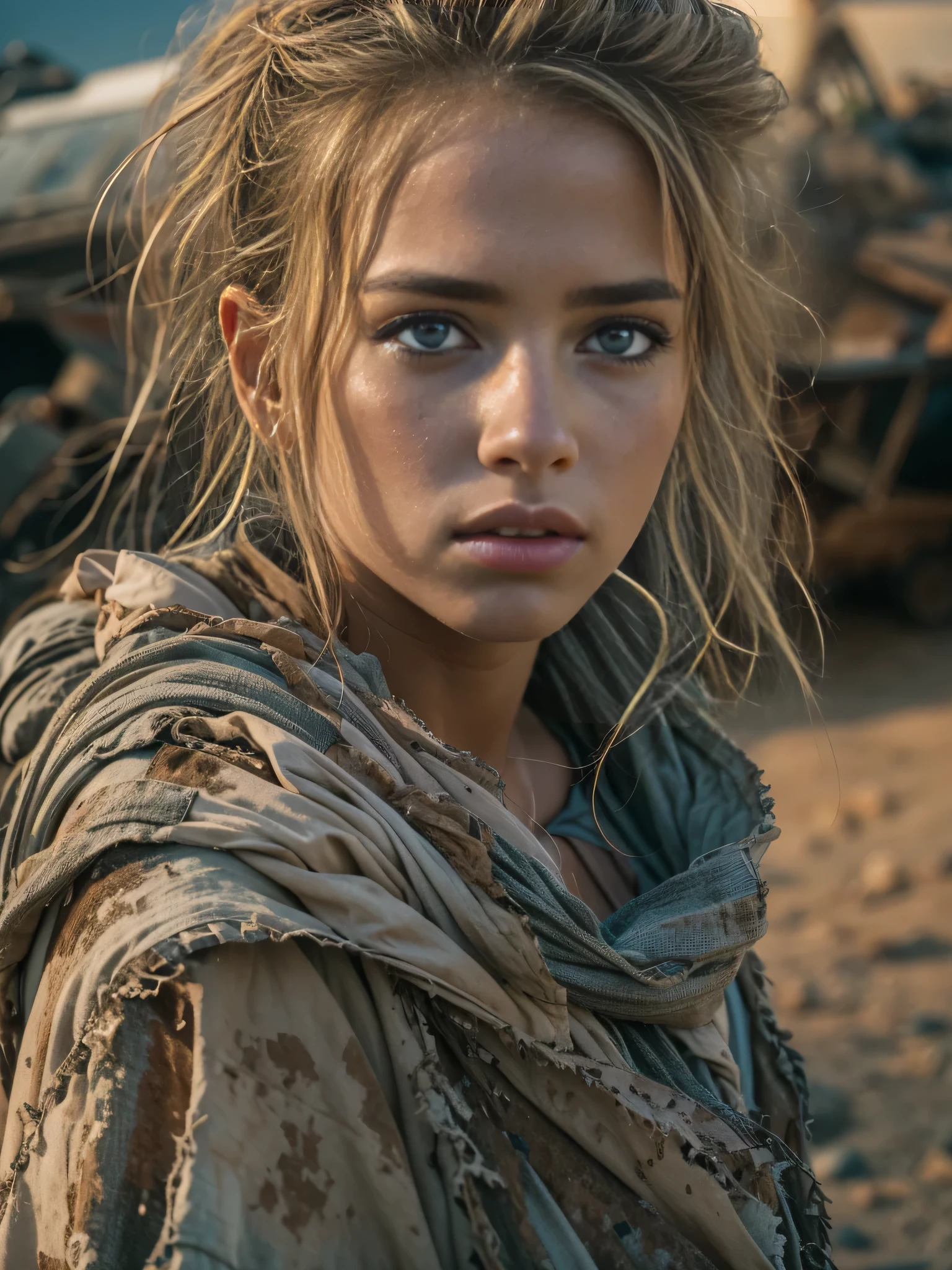 Masterpiece, Transitioning to a desert landscape at sunset, a lone figure, a beautiful 13 years old American teenage girl emerges wearing beautiful post apocalyptic nomadic clothes, white skin, dirty blonde hair, blue-grey eyes, freckles on face, slim running body, small breasts, very detailed face, ultra realistic face, very beautiful face, clean but tired face, post-apocalyptic clothing. Layers of tattered fabric, fabric torn open uncovering a breast, unconventional accessories, and a weathered look create an aura of survival and resilience, 16K, ultra high res.photorealistic, UHD, RAW, DSLR