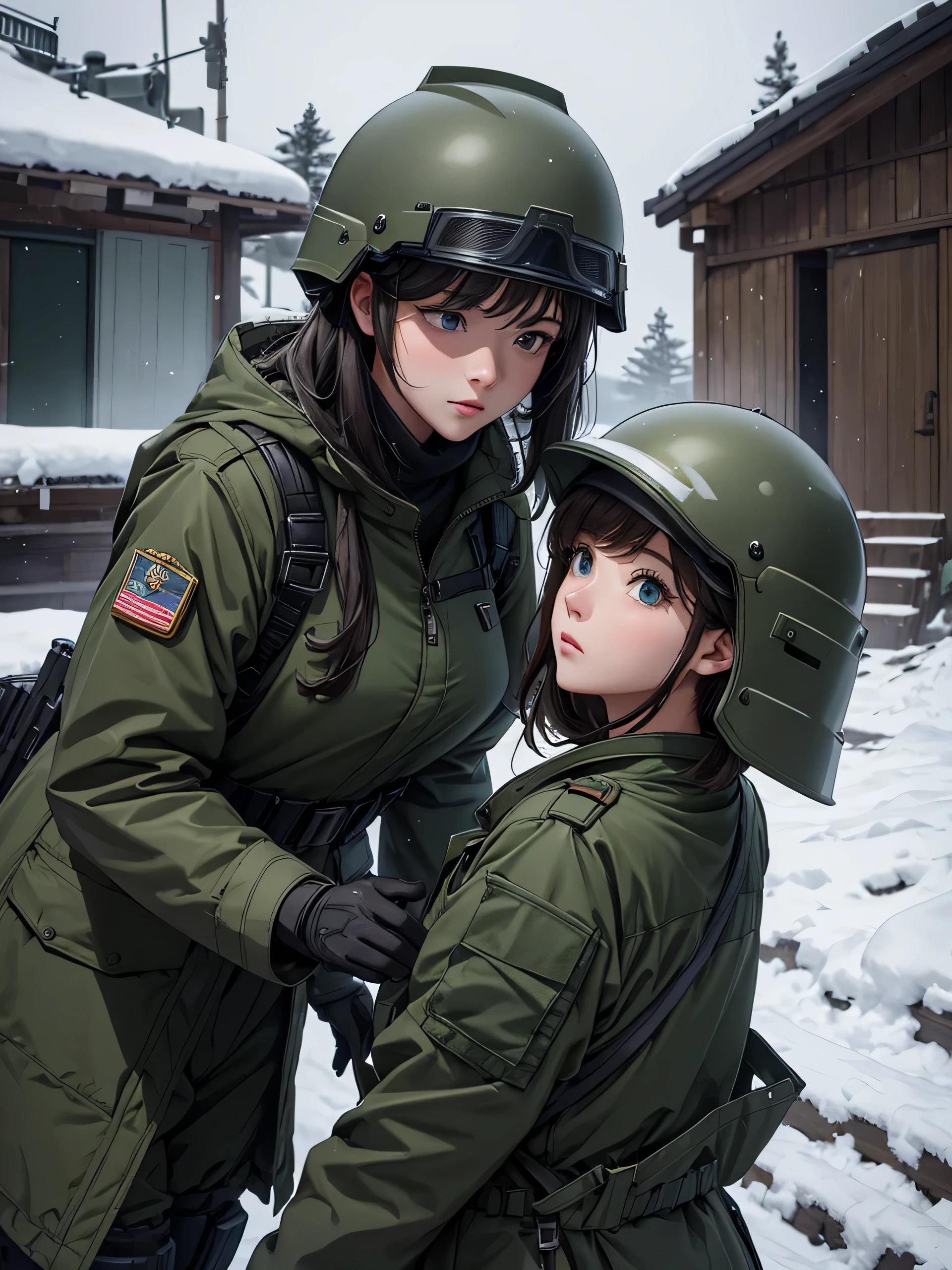 Two female soldiers wearing helmets、Wearing dark green M-51 military coat,First-person perspective、front、whole body、patrol,Snowy military camp,masterpiece、best quality、Highly detailed CG、8K picture quality