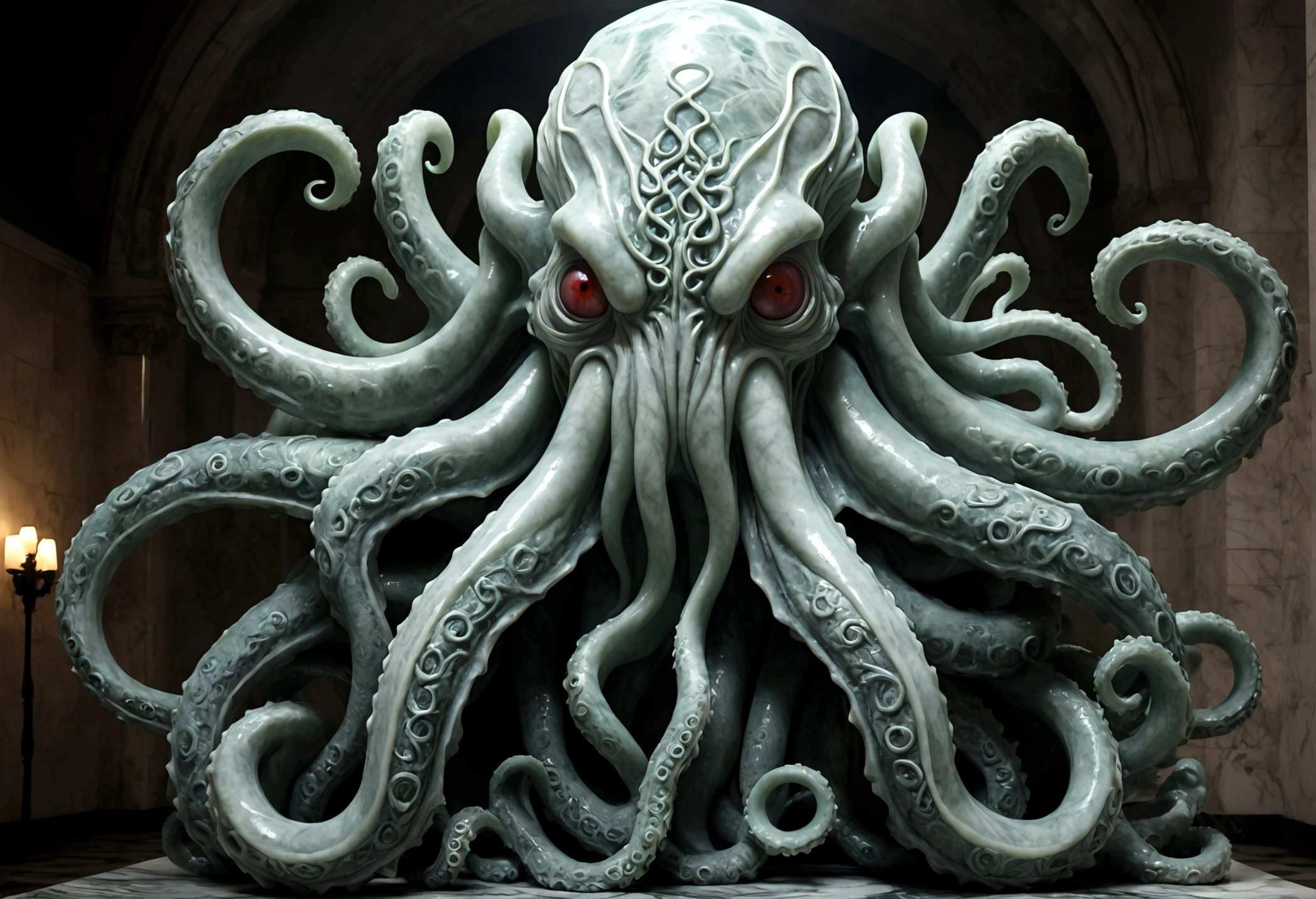 A Cthulhu creature made of marble, Tentacles, Gothic Hospital, Dark Fantasy, fear, HDR, Intricate details, Super detailed