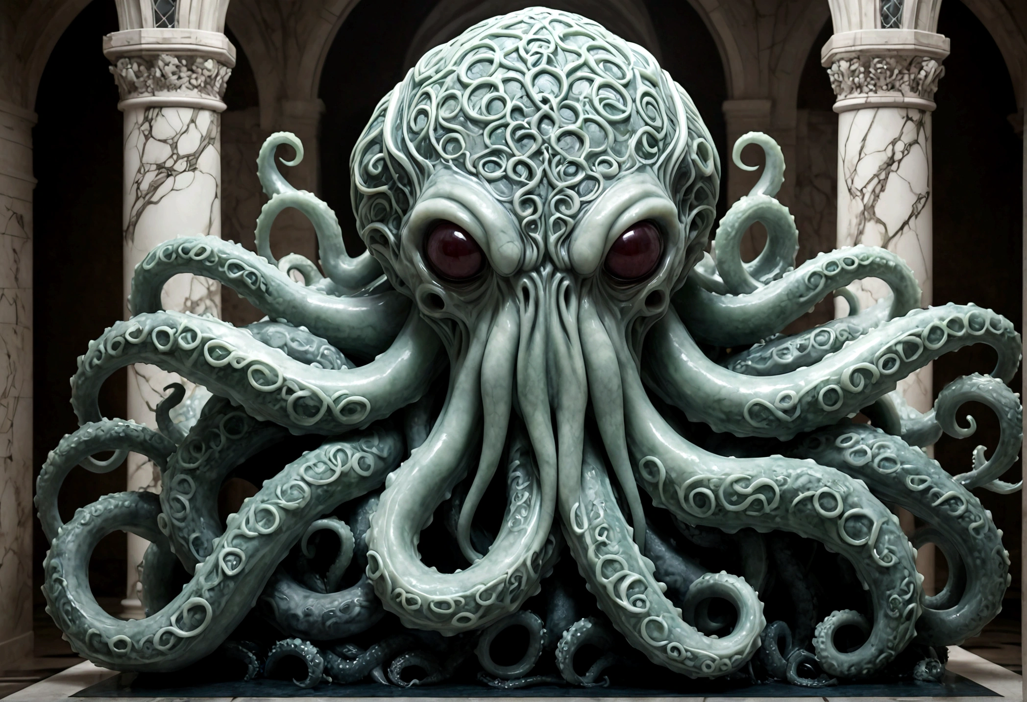 A Cthulhu creature made of marble, Tentacles, Gothic Hospital, Dark Fantasy, fear, HDR, Intricate details, Super detailed