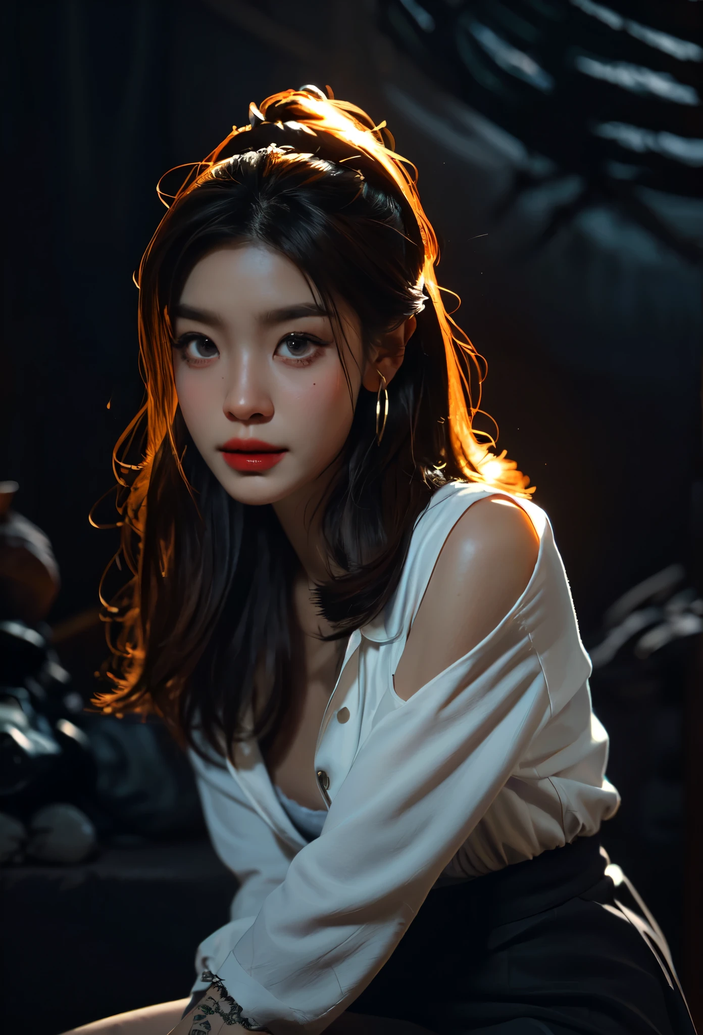 (High resolution,Practical) Long hair girl,skirt, Beautiful demon woman from hell, (in the darkness: 1.6), Very rich facial details,Red-black lips, Shoulder devil tattoo,rugged, Moderate: Detailed facial features, Determine the expression, Dark background,The environment is mysterious and elegant, Model, High contrast required, Jewelry, earrings, miniskirt, shirt, Jacket, brown hair, 白shirt, A bracelet, Hair Bun, single Hair Bun, long skirt, Shut up, Hoop Earrings, blue Jacket, skirt, Beautiful demon woman from hell, (in the darkness: 1.6), 大卫霍克尼和阿尔方斯穆夏的Surrealism女性portrait, Fantasy Art, Korean Doll, Photorealism, Dynamic Lighting, Art Station, poster, Volumetric Lighting, Very rich facial details, 8K, in the darkness, Deep Shadows, low pitch, (Shot in the knee), long hair, Black Hair, Luxurious Palace, Royal style, Demon Crown, The red eye makeup is very vivid and detailed, the most beautiful face, Normal breast, Surrealism, Charming smile, The eye makeup is beautiful, Gurwitz, Devil style, Red-black lips, Shoulder devil tattoo, Gloomy weather,Thunder, (portrait), Close-up of the protagonist, (Background details 1.8), Revealing clothes, cosmetic, 白skirt