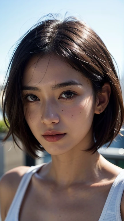 dressed, (photo realistic:1.4), (hyper realistic:1.4), (realistic:1.3), (smoother lighting:1.05), (Improve the quality of cinematic lighting:0.9), 32K, 1 girl,20 year old girl, realistic lighting, in the city, light shines on your face, ray tracing, (bright light:1.2), (Improvement of quality:1.4), (Highest quality realistic textured skin:1.4), detailed eyes, detailed face, high quality eyes, (Tired, sleepy and satisfied:0.0), close up of face, short bob hair,black hair,green one piece perfect breast full nude naked women showing off her breasts naked breast