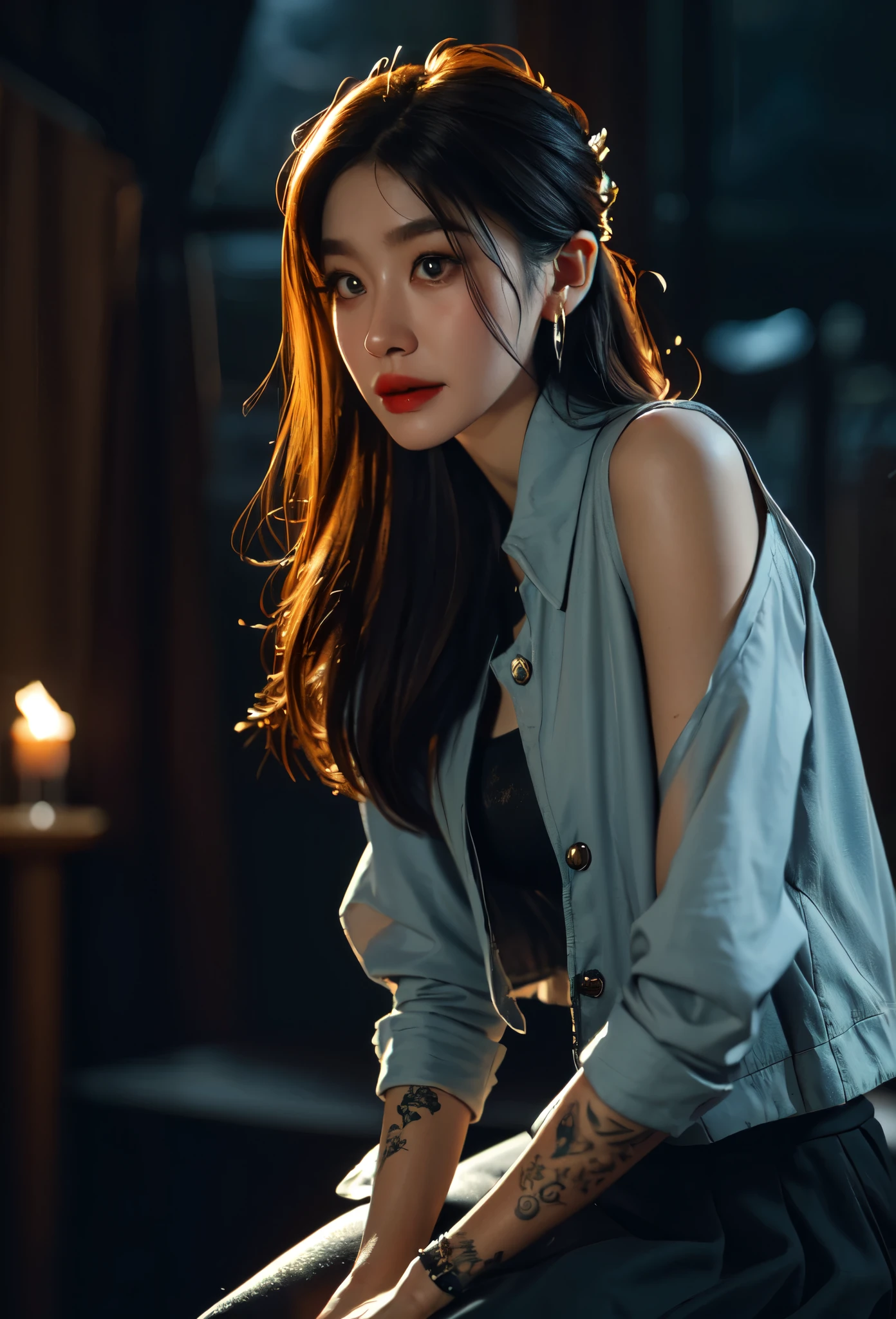 (High resolution,Practical) Long hair girl,skirt, Beautiful demon woman from hell, (in the darkness: 1.6), Very rich facial details，Red-black lips, Shoulder devil tattoo，rugged, Moderate: Detailed facial features, Determine the expression, Dark background，The environment is mysterious and elegant, Model, High contrast required, Jewelry, earrings, miniskirt, shirt, Jacket, brown hair, 白shirt, A bracelet, Hair Bun, single Hair Bun, long skirt, Shut up, Hoop Earrings, blue Jacket, skirt, Beautiful demon woman from hell, (in the darkness: 1.6), 大卫霍克尼和阿尔方斯穆夏的Surrealism女性portrait, Fantasy Art, Korean Doll, Photorealism, Dynamic Lighting, Art Station, poster, Volumetric Lighting, Very rich facial details, 8K, in the darkness, Deep Shadows, low pitch, (Shot in the knee), long hair, Black Hair, Luxurious Palace, Royal style, Demon Crown, The red eye makeup is very vivid and detailed, the most beautiful face, Normal breast, Surrealism, Charming smile, The eye makeup is beautiful, Gurwitz, Devil style, Red-black lips, Shoulder devil tattoo, Gloomy weather，Thunder, (portrait), Close-up of the protagonist, (Background details 1.8), Revealing clothes, cosmetic, 白skirt