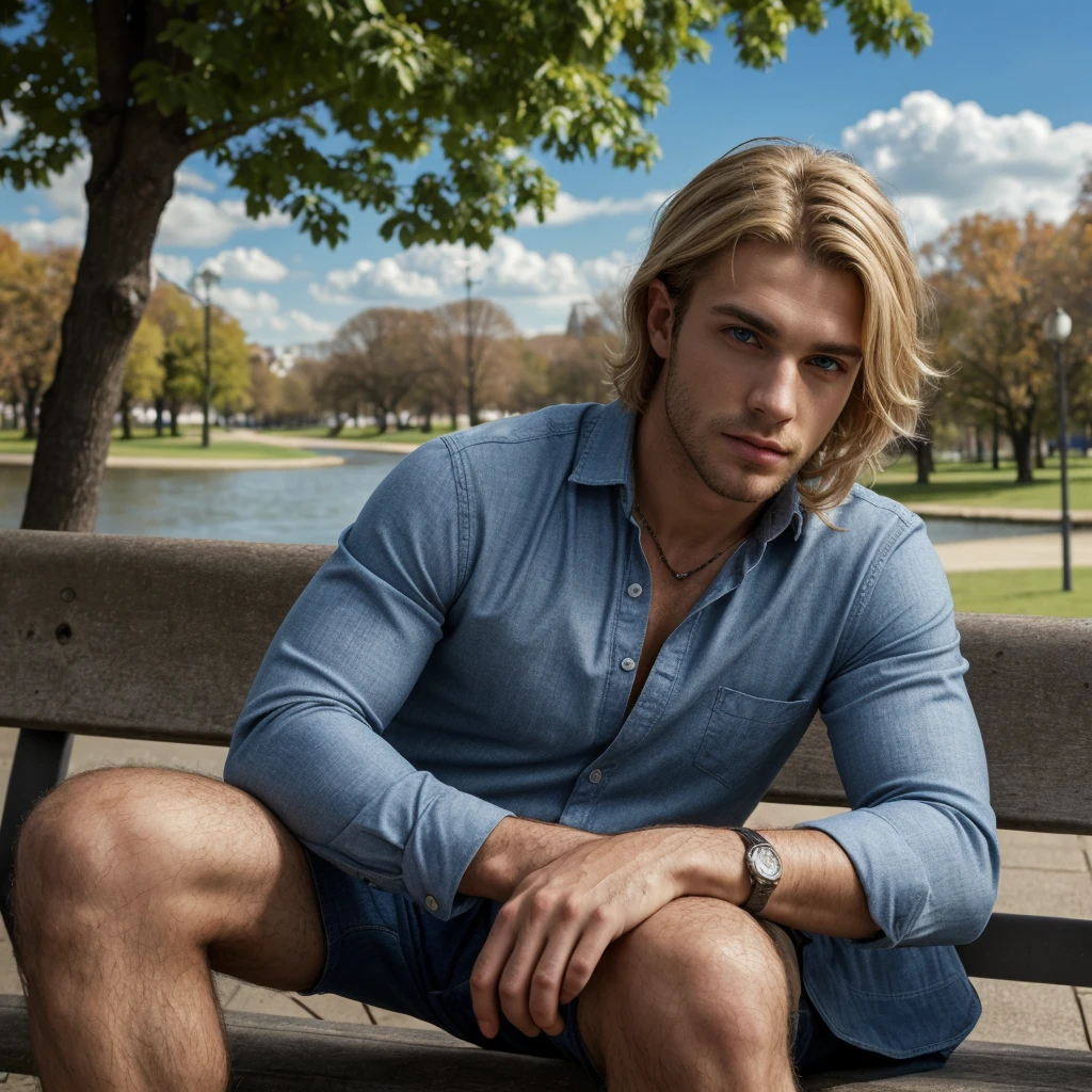 (1guy),4k, 8k, ultra highres, raw photo in hdr, sharp focus, intricate texture,detailed skin, skin imperfections, realistic, detailed facial features, highly detailed face, posing,perfect lighting,(blonde hair),sitting on a park bench,park,blue sky, clouds, river,water,handsome,rugged --cref https://imgur.com/a/7mZINGY