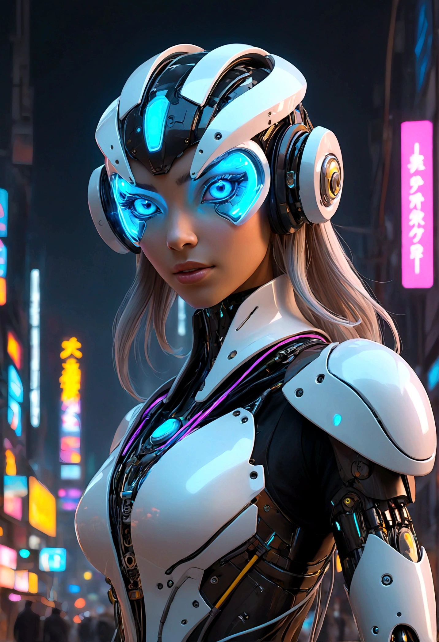 (Female Protogen),cyber punk,mechanical,Glowing Eyes,Metal surface,Digital display,advanced technology,Futuristic,Neon Light,electromagnetic field,Sharp Edges,Streamlined Design,Digital Creatures,biomechanical,Mysterious atmosphere,Glass visor,Enhanced Senses,Cheerful pose,Invisible Circuits,Holographic Projection,Colorful wires,Female Cyborg