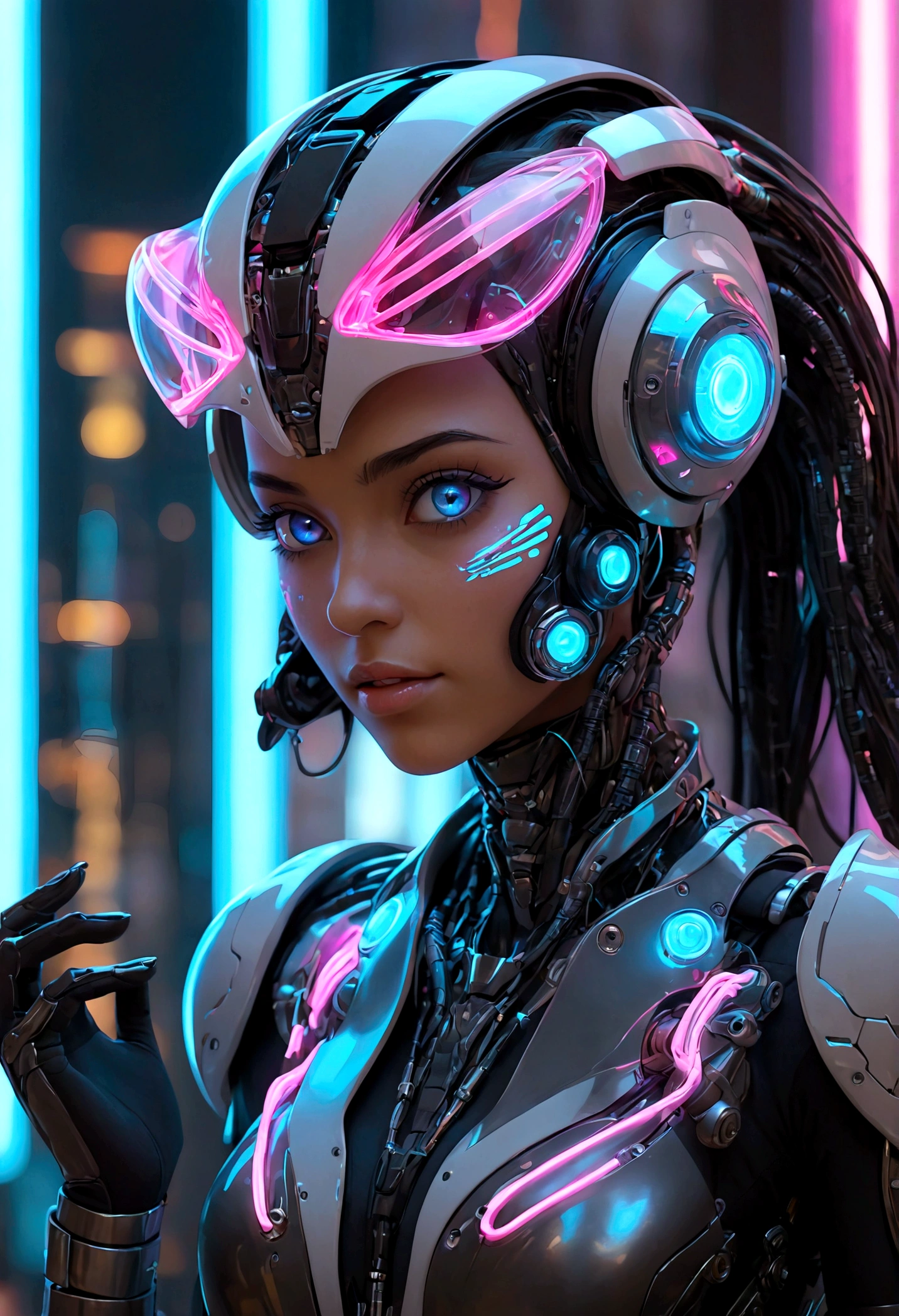 (Female Protogen),cyber punk,mechanical,Glowing Eyes,Metal surface,Digital display,advanced technology,Futuristic,Neon Light,electromagnetic field,Sharp Edges,Streamlined Design,Digital Creatures,biomechanical,Mysterious atmosphere,Glass visor,Enhanced Senses,Cheerful pose,Invisible Circuits,Holographic Projection,Colorful wires,Female Cyborg