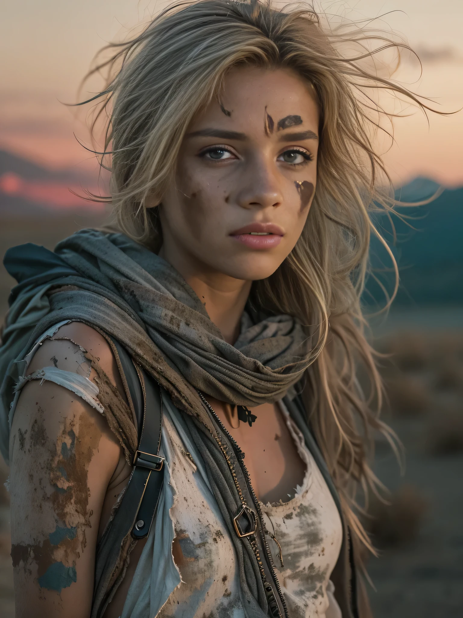 Masterpiece, Transitioning to a desert landscape at sunset, a lone figure, a beautiful 13 years old American teenage girl emerges wearing beautiful post apocalyptic nomadic clothes, white skin, dirty blonde hair, blue-grey eyes, freckles on face, slim running body, small breasts, very detailed face, ultra realistic face, very beautiful face, clean but tired face, post-apocalyptic clothing. Layers of tattered fabric, fabric torn open uncovering a breast, bare stomach, unconventional accessories, and a weathered look create an aura of survival and resilience, 16K, ultra high res.photorealistic, UHD, RAW, DSLR