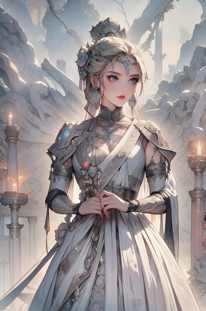 A luminously enchanting polished draugr, its ethereal presence emanating from gleaming silver armor adorned with intricate Norse runes. This mesmerizing concept art piece, a digital painting, captures the mythical undead creature in stunning detail. The ghostly figure is outlined by a soft, mystical glow, its features blending seamlessly with the mist-shrouded background. Every curve and line of the undead warrior is meticulously rendered, evoking a sense of otherworldly grace and power. The image exudes a sense of mystique, inviting viewers to delve into a fantastical world of ancient legends and lost souls.