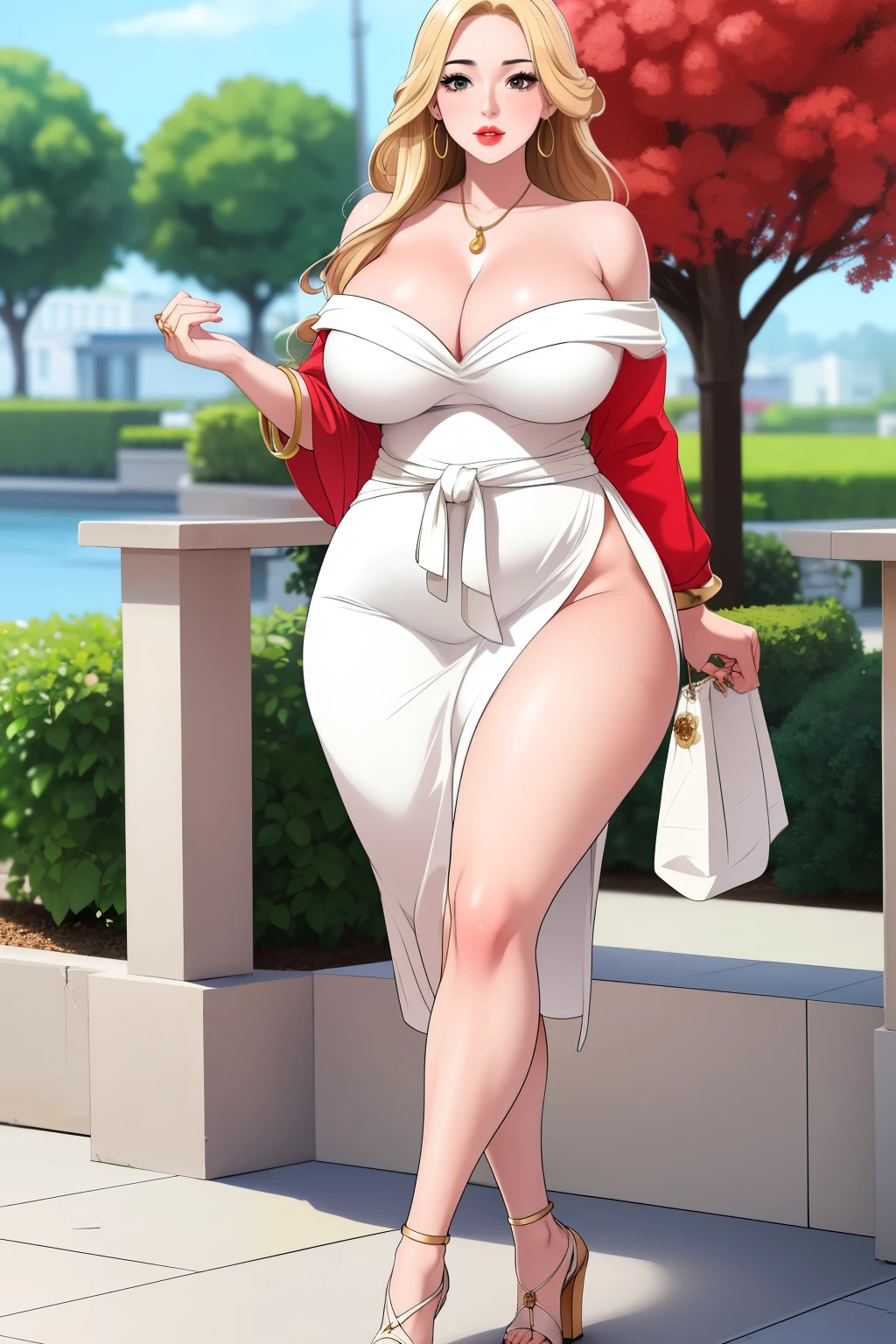 An extremely beautiful busty woman with gold blonde long silky hair, blue oceanic eyes, extremely super bright snow white fair stunning flawless glowing lush shiny white skin, and complexion, a perfect tight hourglass figure, a thick plump ass, cleavage, and perfect hips, wearing a short sexy loose revealing white floral dress with red flower patterns along with a red sash around the waist and a light brown off-shoulder cardigan, yellow heels, jewelry on the neck, gold bangles on her wrist, and anklets on her legs, gold earrings, a cute adorable smile, pink puffy lips, pink nails, red rose on hair, standing straight, hands joined together, looking at the viewer, big garden in the background, day time, show full body from head to feet.
