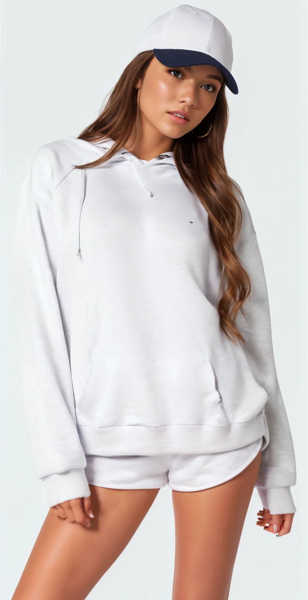 a woman wearing a white sweatshirt and shorts with a baseball cap, vestindo moletom, light cinza, designed for a cozy aesthetic!, cinza sweater, cinza, solid gray, White Sweater, superdimensionado hoodie, Roupa casual, Roupas detalhadas, superdimensionado, wearing a cinza hooded sweatshirt, Moletom cinza, moda casual, Manga compridas, Manga comprida, Julia Colina, light cinza hoodie opened