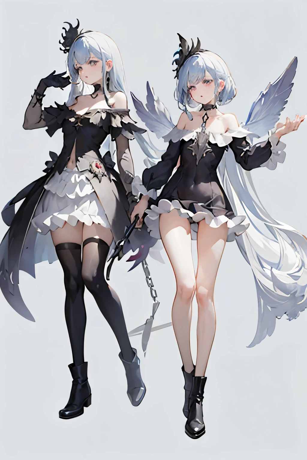 ((best quality)), ((masterpiece)), (detailed), 1girl, Character design, female, dynamic poses, long white grey hair, grey white eyes, very skinny, detailed, best quality, no accesoires around the neck, no shoes, prominent collarbones, skinny arms, flat stomach, visible hip bones, full body, blank white background, plain background, white background, red and white clothing, Bloodborne inspired, occult aesthetic, occult, detailed and intricate steampunk and detailed gothic, NSFW, Very dramatic and cinematic lighting, cosmic horror, grim-dark, side-lighting, perfect face, NSFW, Fluttering lace flared long knee length dress with frilly petticoats, knee length dress, pleated petticoats, petticoats gothic, complex lace boots, side-lighting, gothic aesthetic, wielding a mighty sword with mechanical components, mandalas, small breasts, a fairy, various different types of insect wings, NSFW, full body, whole body, body, plain background, white background, blank background, no background, white background NSFW, chains, full body, whole body, head-to-toe NSFW