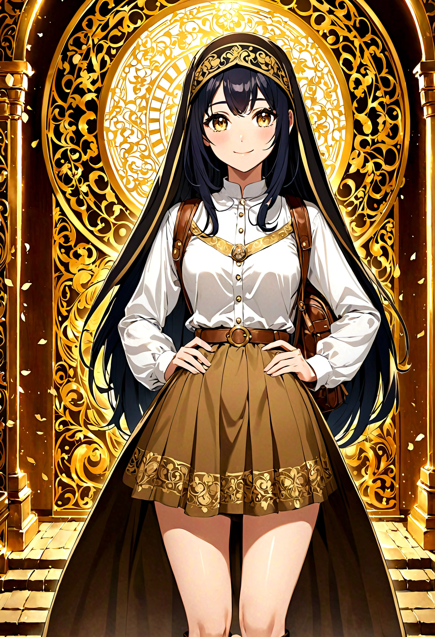 "Tall anime Girl, 20 years old, with long black hair down to her waist, golden eyes, and smile. She dresses in an antique style, She wears a brown skirt longer on one side than the other, large brown boots up to the knees with lots of ribbons, a backpack, a white blouse, and a hijab on her head. , She possesses golden powers and has a golden-themed background."