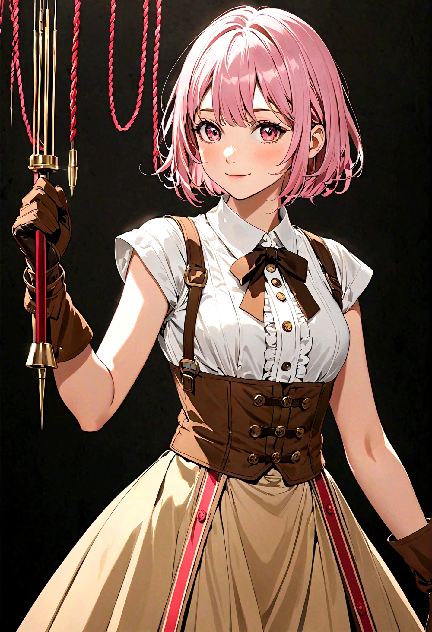 20 years old, with short pink hair just below the shoulders, pale pink eyes, and an expression that is serious yet happy. She dresses in an antique style, wearing a long light brown skirt, a sleeveless white blouse with a vertical red line down the center on the buttons, brown gloves, and high boots with many straps. Her weapons are hundreds of needles connected by thread.