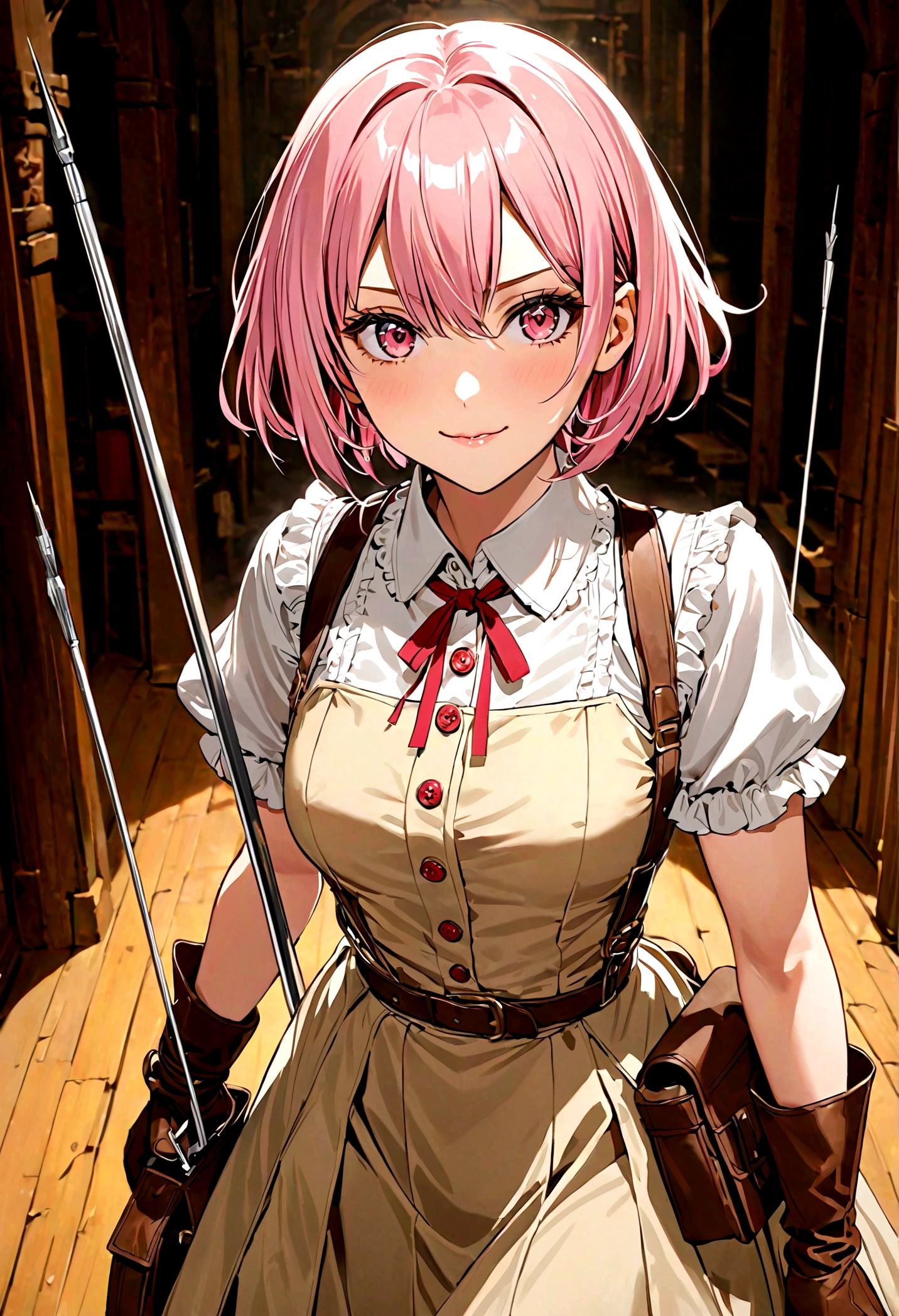 20 years old, with short pink hair just below the shoulders, pale pink eyes, and an expression that is serious yet happy. She dresses in an antique style, wearing a long light brown skirt, a sleeveless white blouse with a vertical red line down the center on the buttons, brown gloves, and high boots with many straps. Her weapons are hundreds of needles connected by thread.
