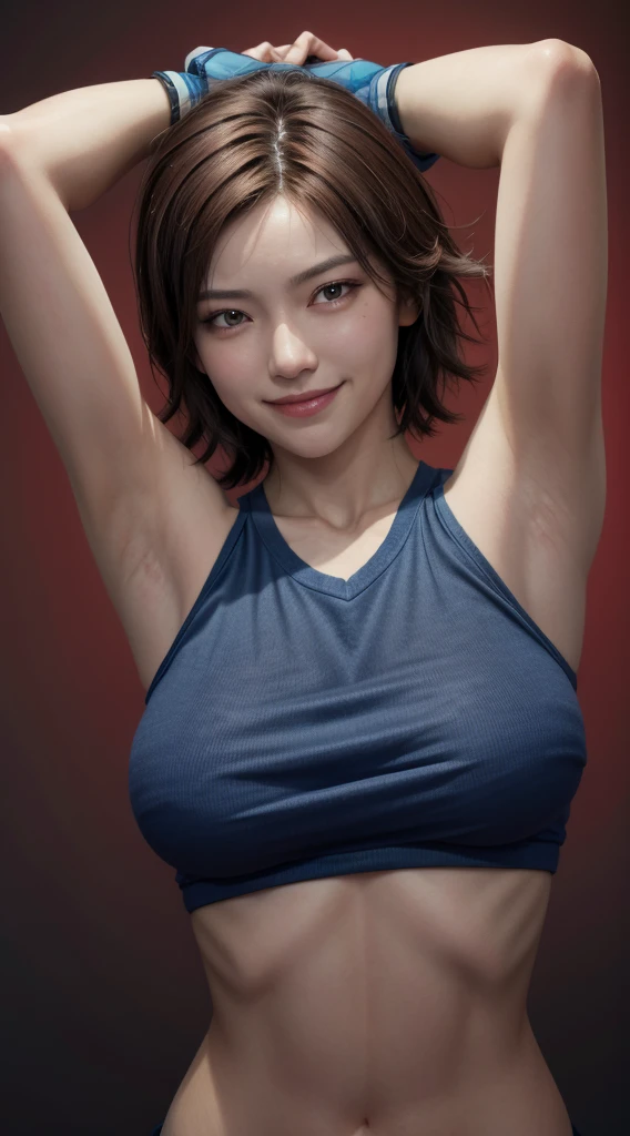 masterpiece, best quality, asuka kazama, brown hair, see-through, blue shirt, fingerless gloves, looking at viewer, furrowed brow, smile, upper body, gradient background, red background, large breasts, armpits visible