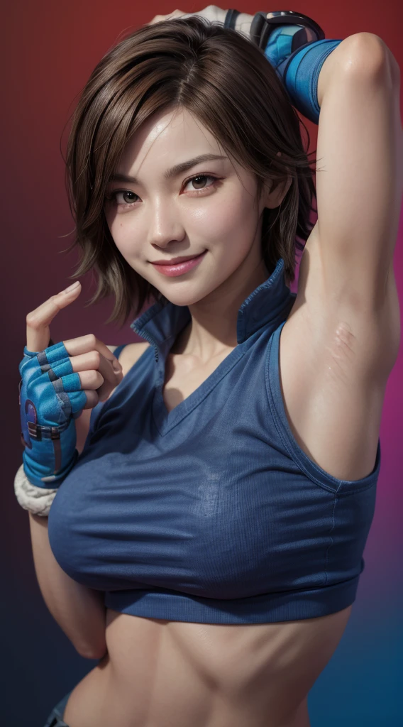 masterpiece, best quality, asuka kazama, brown hair, see-through, blue shirt, fingerless gloves, looking at viewer, furrowed brow, smile, upper body, gradient background, red background, large breasts, armpits visible