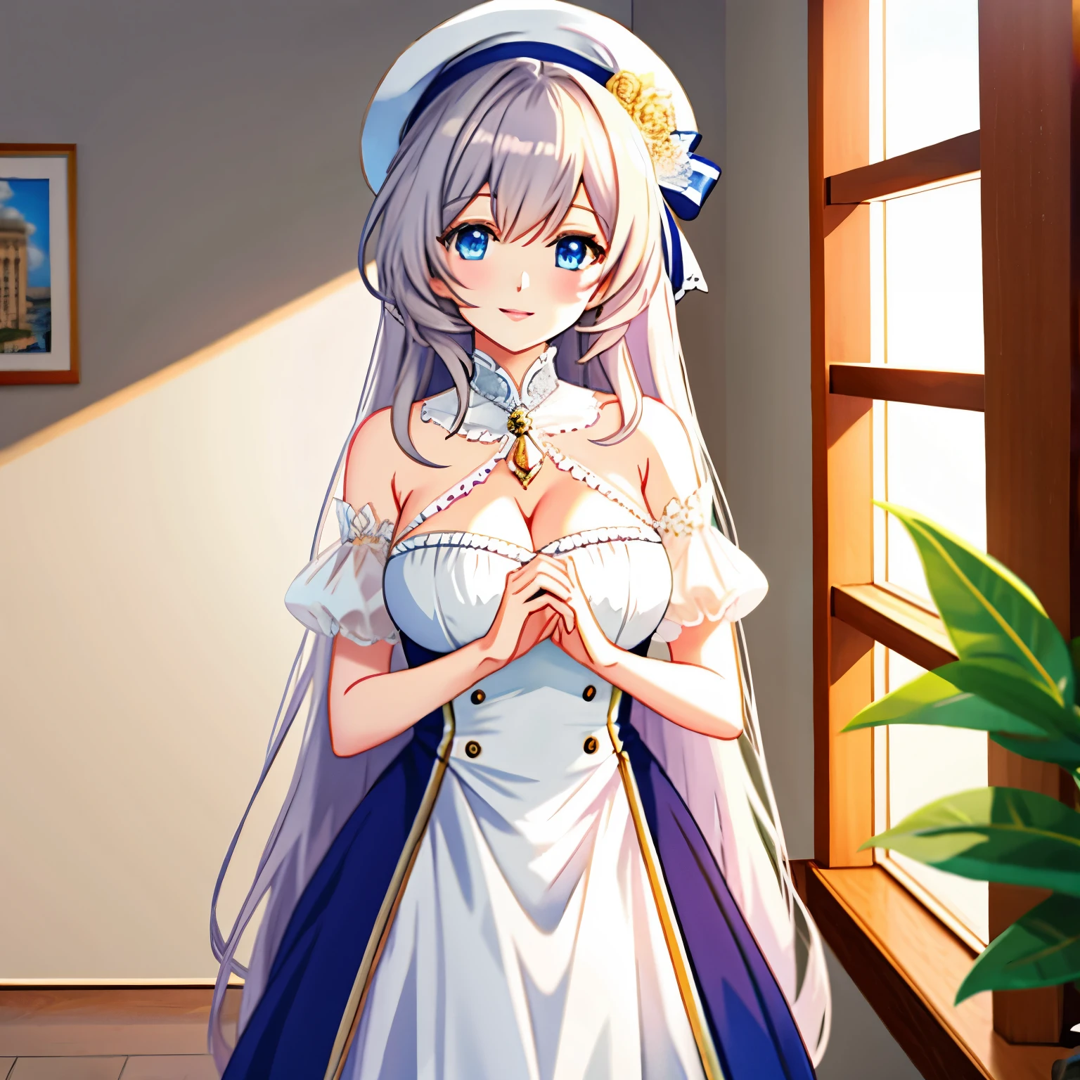 Illustration Enhancement: "masterpiece", "best quality", "ultra-detailed", "super high resolution", "Top Quality photorealistic Illustration", "Super Definition", BREAK
Theme: "Anime Goddess", "Enchanting Anime Girl", "Gratitude for those who continue to bless and protect the improvement of living standards and prosperity", BREAK
Number of Characters: "1", BREAK
Facial Details: "Woman with long gray hair and deep blue eyes", BREAK
Movement Details: "Hands clasped in front of chest, head slightly bowed", BREAK
Emotion: "Gentle smile", BREAK
Perspective: "Front view", BREAK
Composition: "Character centered", BREAK
Background Details: "Room bathed in golden light symbolizing prosperity", BREAK
Costume Details: "Luxurious white and gold dress", BREAK
Body Type: "Slim with emphasized cleavage", BREAK
Hair Style and Color: "Long gray hair", BREAK
Light and Shadow: "Soft light illuminating the face", BREAK
Colors: "Mainly white and gray, blue eyes", BREAK
Illustration Atmosphere: "Anime style", BREAK
Additional: "Wearing accessories that express gratitude", BREAK
Worldview: "Fusion of Anime and Manga", BREAK
Style: "Anime Goddess", "Enchanting Anime Girl", "Beautiful and Attractive Anime Woman", "Fine Details". "Girls' Frontline", "Top rated on Pixiv", "from Girls' Frontline", "Kushaalt Krentz Key Art Feminine", "Azur Lane Style", "Anime Barbie with white stockings", "from Azur Lane video game", BREAK
Power Words: "Artistic", "Genius", "Perfect", "Ultimate", "Strongest", "Artistic and Perfect AI Illustration", "Ultimate and Strongest AI Illustration", "Number", "Movement", "Theme", "Weapons", "Possessions", BREAK
Image Quality: "Specialized": "absurdres", "highest quality", "realistic", "hyper-real", "ultra-detailed illustration", BREAK
Versatile: "Golden Ratio 1.2", "Drawing Board 1.3", BREAK
Quality: "Specialized": "Ultra quality detailed art", BREAK
Versatile: "Ultra quality", BREAK
Resolution: "Specialized": "High resolution (HD, 4K, 8K, 16K)", "color bit depth 24 bits