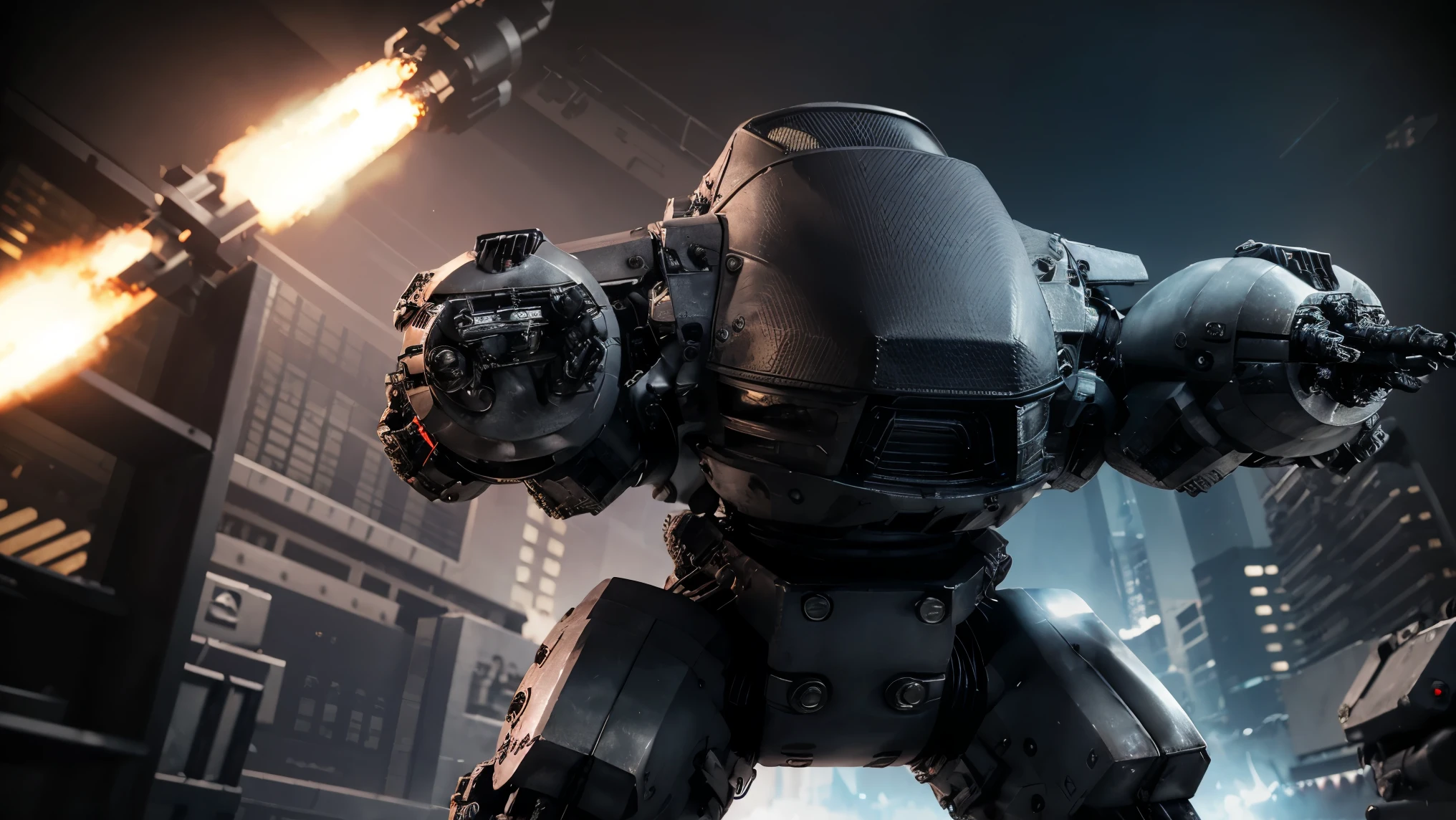 dark cyberpunk city background, police mech in cyberpunk city, mech warrior, ed-209, police lights, dark, maschine, cinematic, close up, front view, dystopian, sparks, fire, missile,