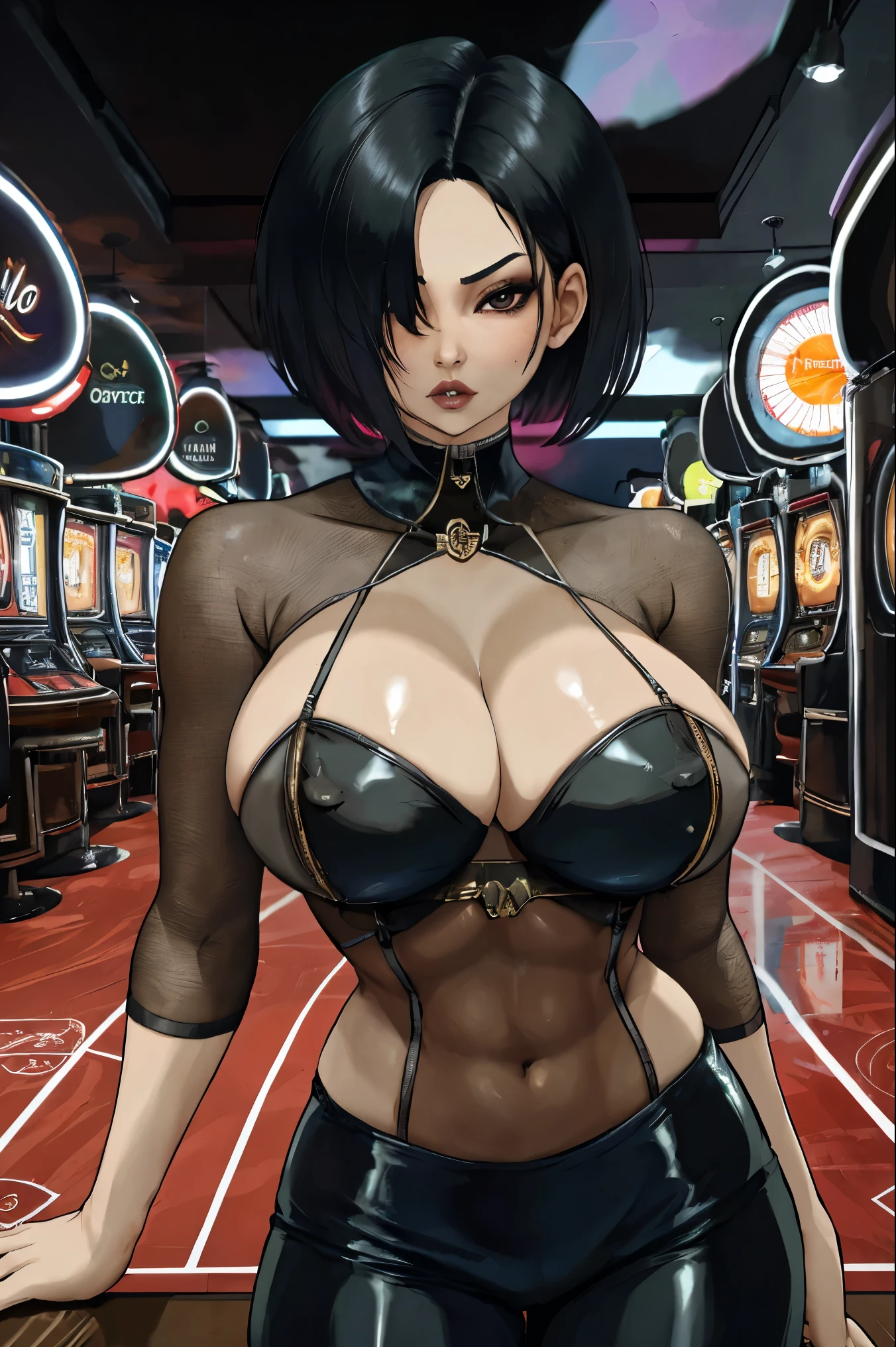 kiko, short hair, hair over one eye, asian, tanned skin, tanned, 35yo, mature woman, milf, serious, mad, dangerous, white female suit, cleavage, big breasts, suit pants, standing, in a diamond design casino