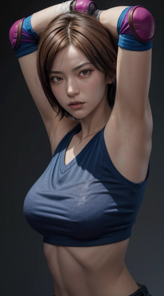 masterpiece, best quality, center town, asuka kazama, brown hair, see-through, blue shirt, fingerless gloves, looking at viewer, angry, upper body, gradient background, red background, large breasts, armpits visible