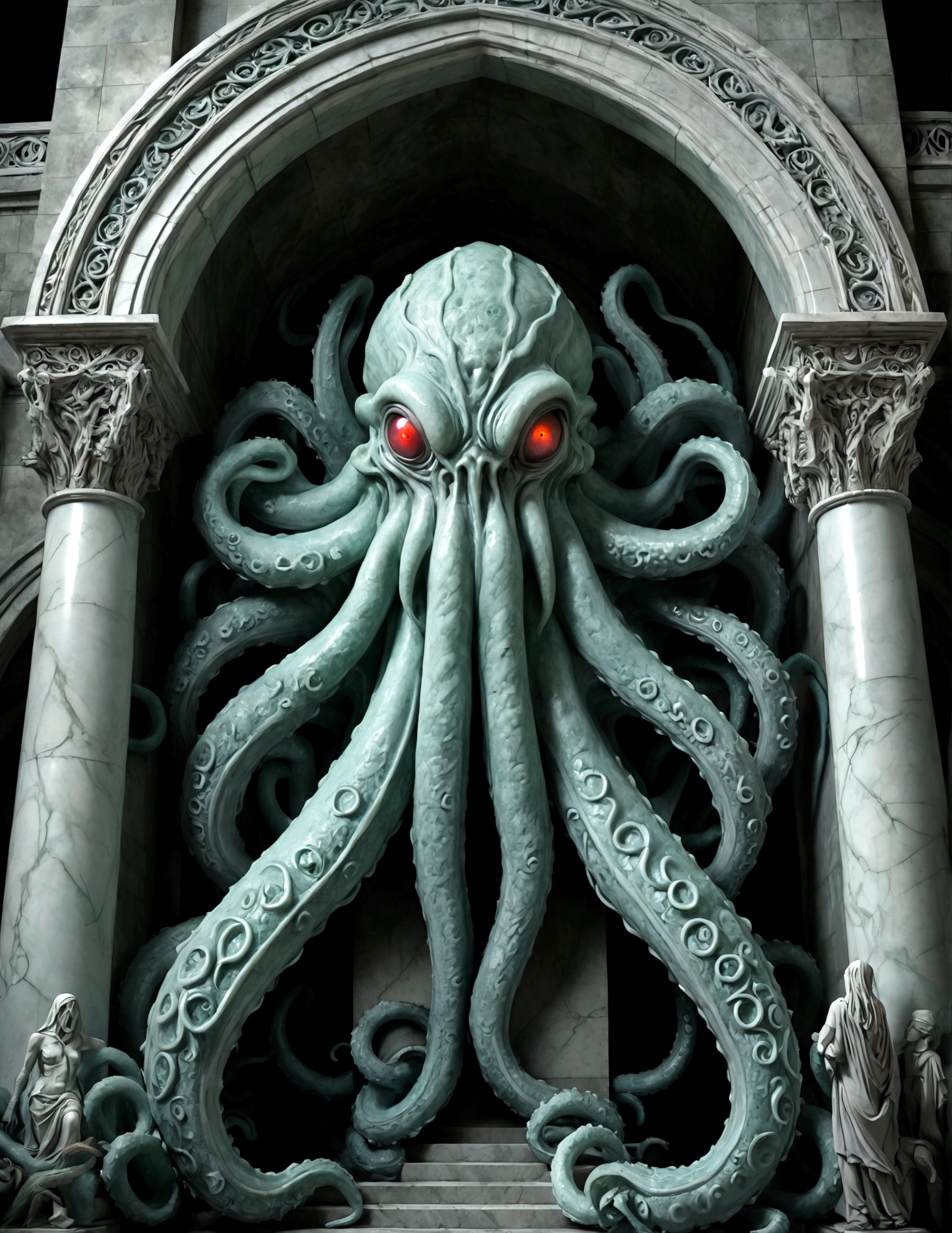 Gothic Hospital, A Cthulhu creature made of marble, Tentacles, fear, Dark Fantasy, HDR, Intricate details, Super detailed