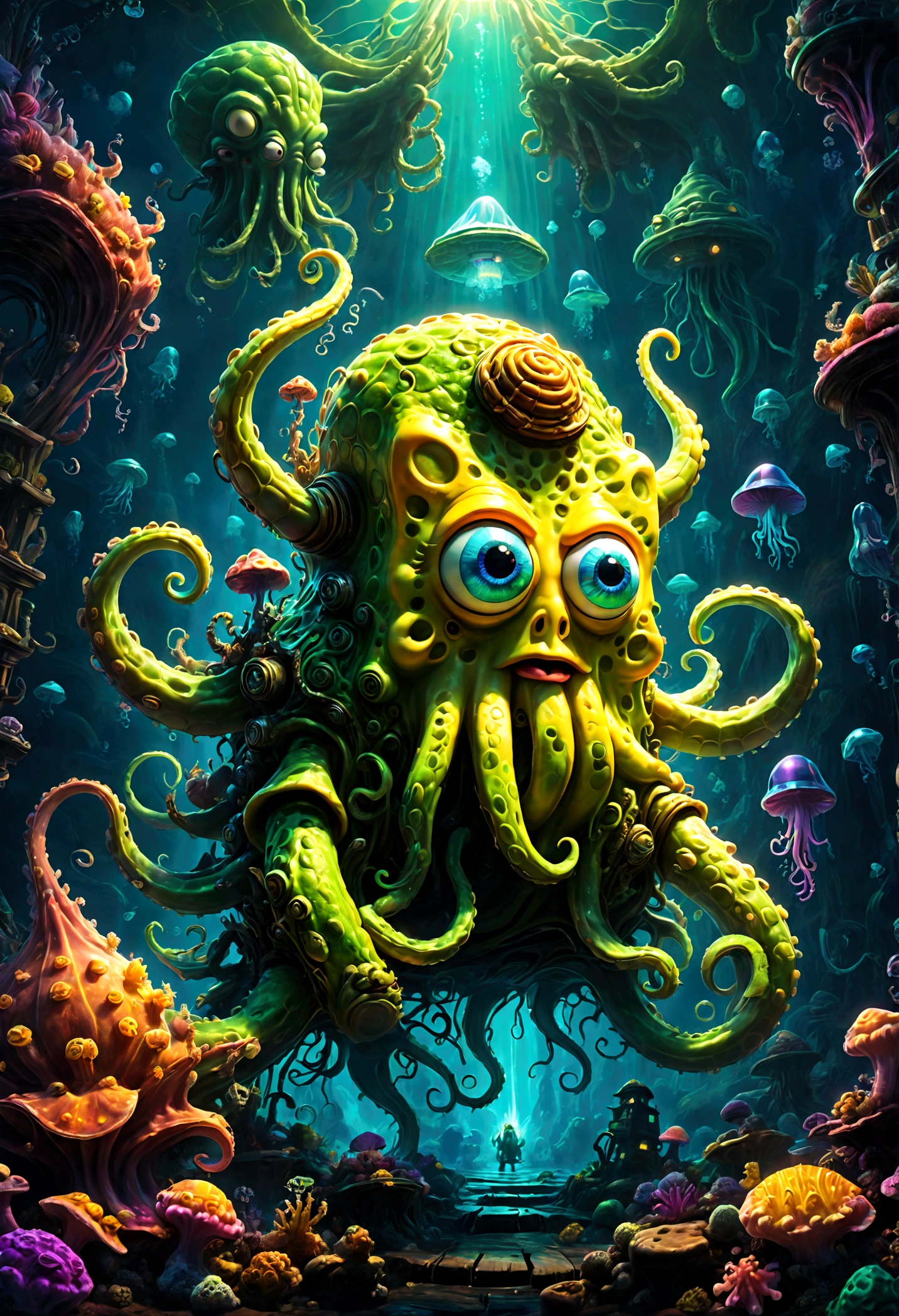 SpongeBob SquarePants, Cthulhu style, dramatic composition, cinematic dynamic action scene, vibrant colors, cinematic lighting, dramatic lighting, best quality, masterpiece, very aesthetic, perfect composition, intricate details, ultra-detailed