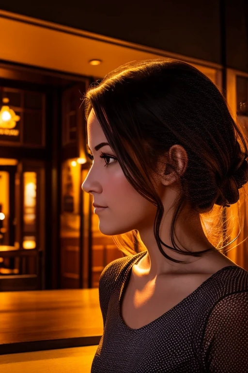 Generate an image of a woman looking scared at mysterious shadows moving on the walls of a restaurant.