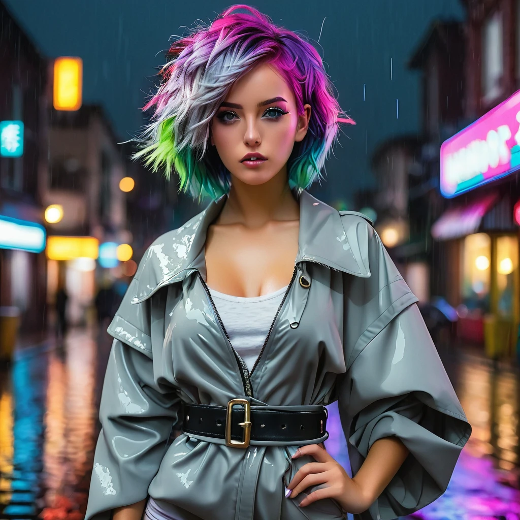portrait, 1 girl, beautiful face, asymmetrical hair, multi-colored hair, belt, bodysuit, covered mouth, covered navel, detached sleeves, grey eyes, hip vent, open jacket, cute, look at viewer, night city, neon, rainy,