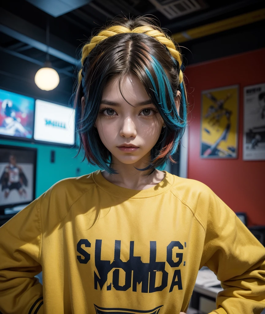 Obra maestro, mejor calidad, Science fiction, piloto mecha, cuerpo completo, cabello rojo con amarillo, vistiendo ropa informal futurista de color azul profundo, disperso bajo la superficie, estilo punk, arte Dave Rapoza