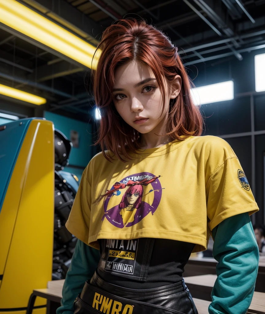 Obra maestro, mejor calidad, Science fiction, piloto mecha, cuerpo completo, cabello rojo con amarillo, vistiendo ropa informal futurista de color azul profundo, disperso bajo la superficie, estilo punk, arte Dave Rapoza