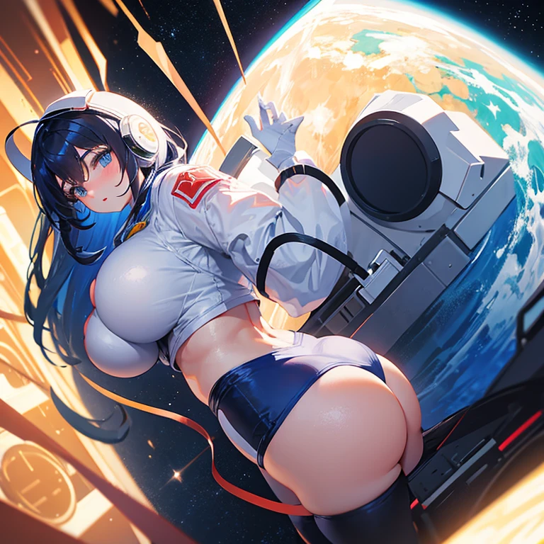 Big butt astronaut, with huge breast and a narrow waist in outer space