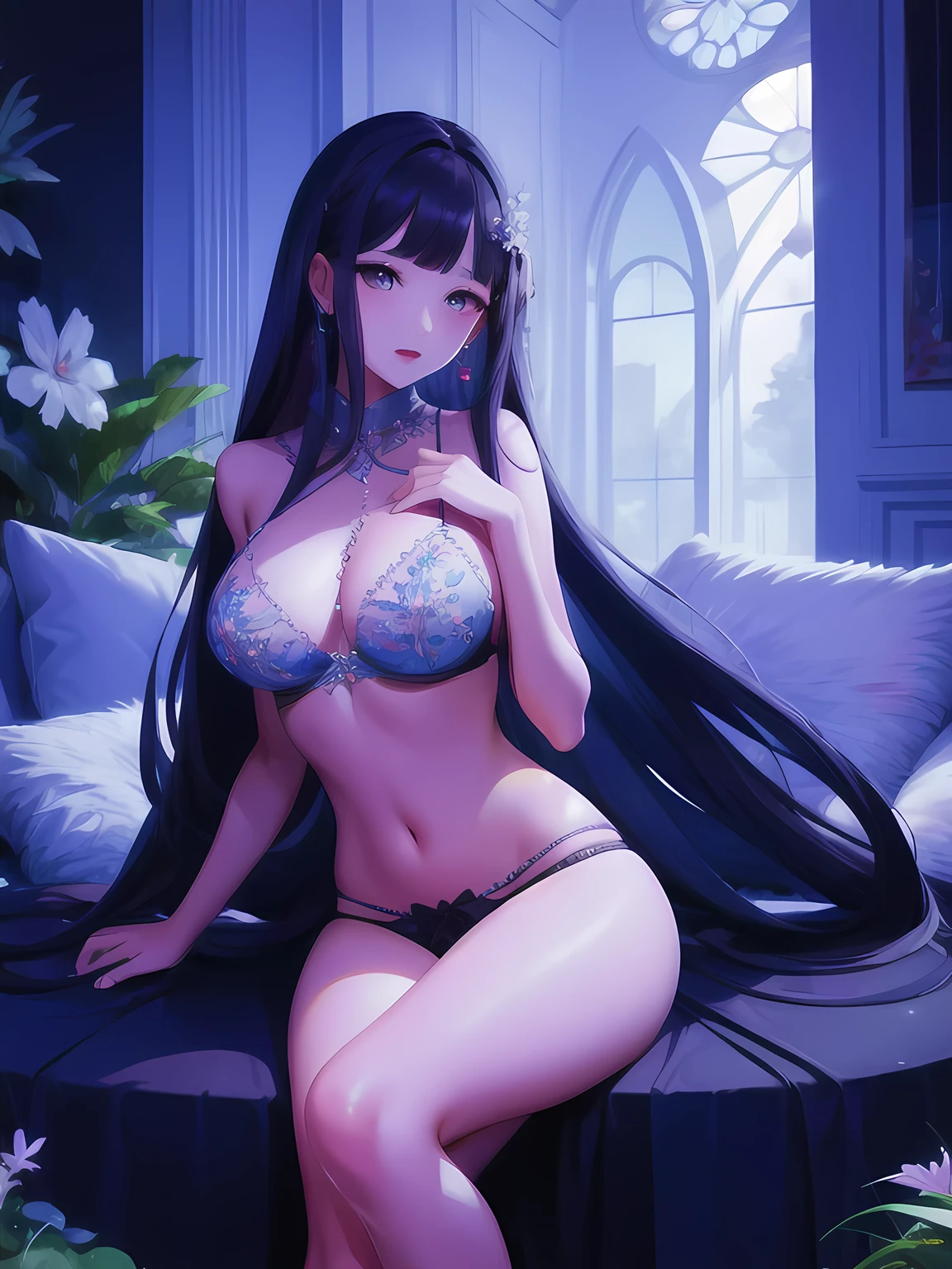 (masterpiece, best quality:1.2), long dress, diamond_bra,long hair,black hair,,medium breasts,in a botanical garden