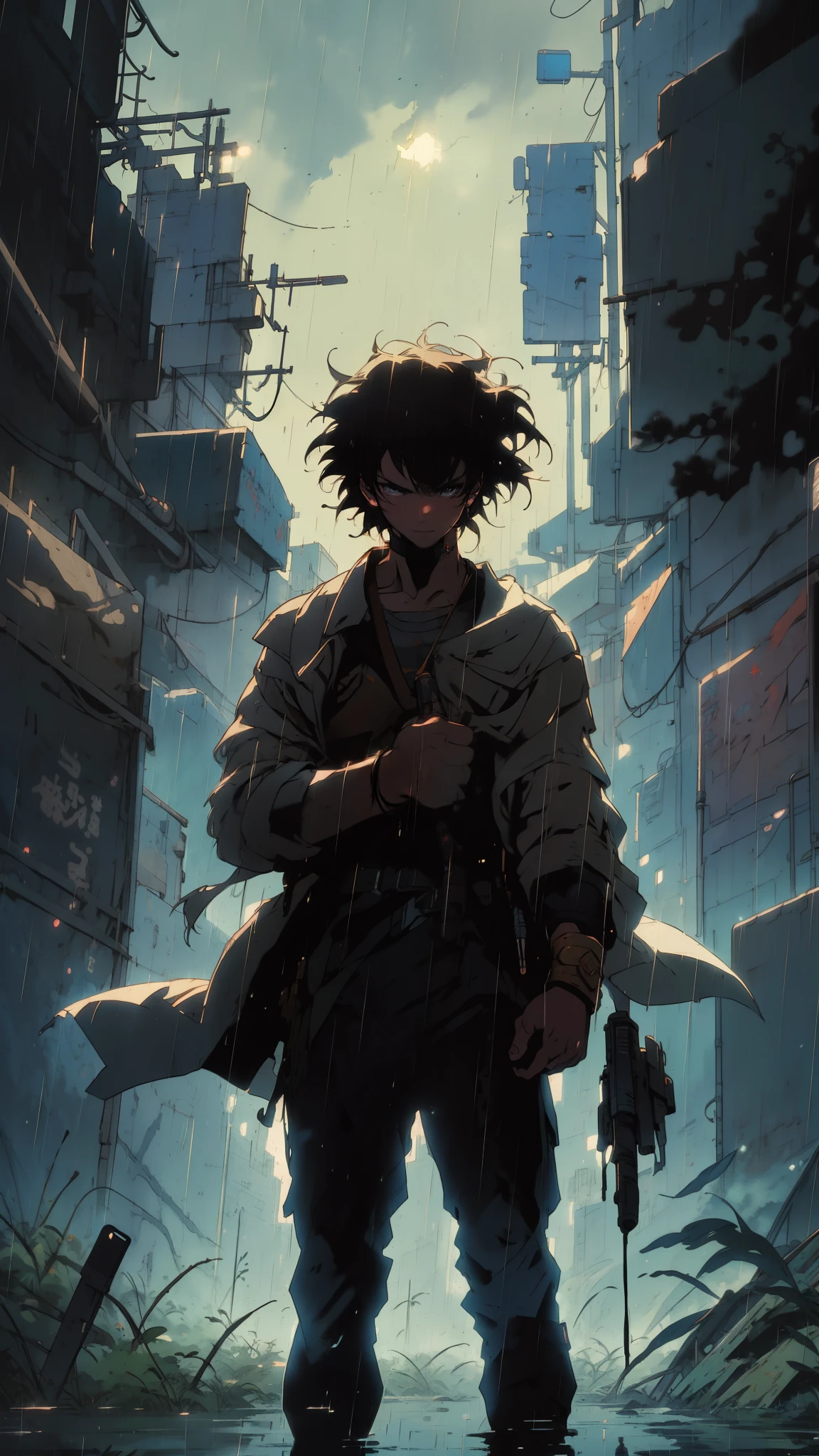 A lone teenager with windblown hair, silhouetted against a graffiti-covered wall, holding a pistol at chest level. Rain drips down the barrel, casting a glint of light. Overcast sky, dark, gritty, action pose, cinematic lighting, style art incorporating elements of Makoto Shinkai, Studio Ghibli, Genshin Impact, James Gilleard, Greg Rutkowski, Chiho Aoshima, golden ratio composition, enhanced with pixiv Fanbox trends, acrylic palette knife textures, golden ratio, trending