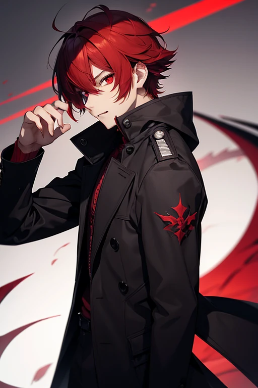 Boy,man,adult,red hair,short hair,straight hair,red eyes,demon eyes,fang, bloodthirsty,black clothes,long coat,